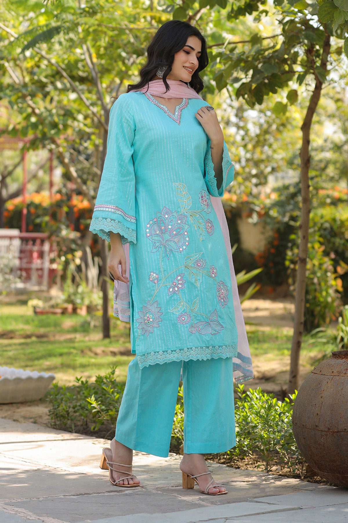 Sky Blue Cotton Embroidered Kurta Set With Dupatta