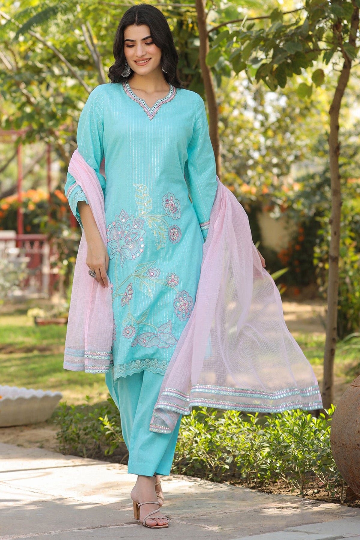 Sky Blue Cotton Embroidered Kurta Set With Dupatta