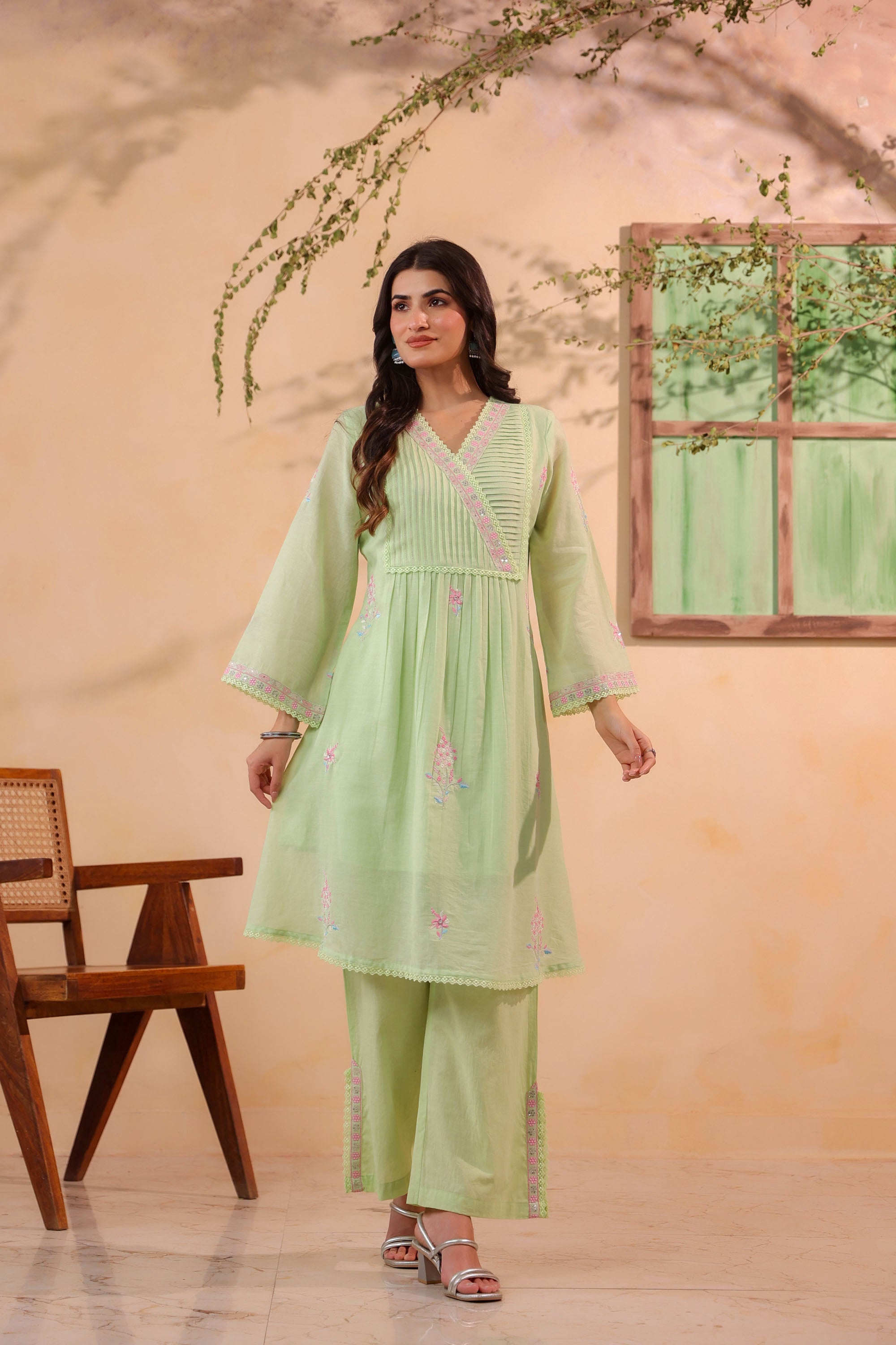 Green Mul Mul Embroidered Co-ord Set