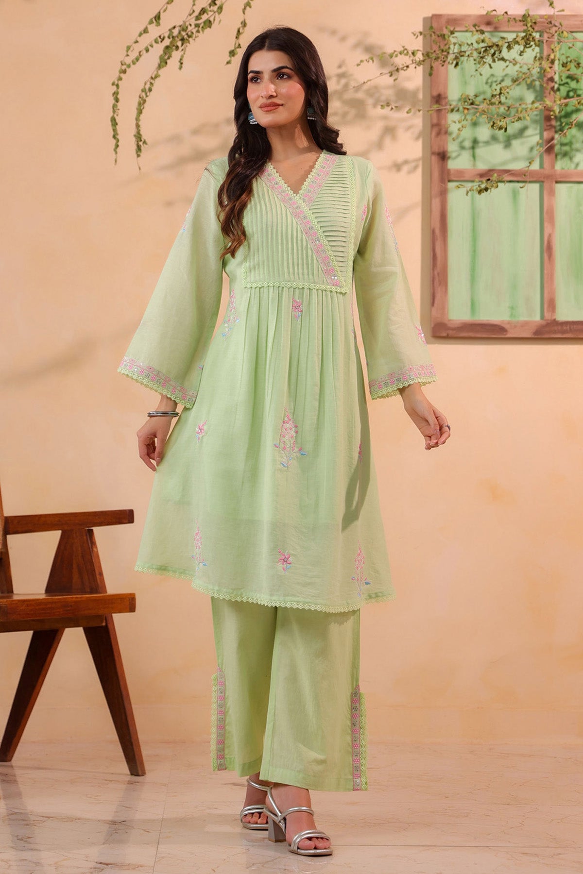Green Mul Mul Embroidered Co-ord Set