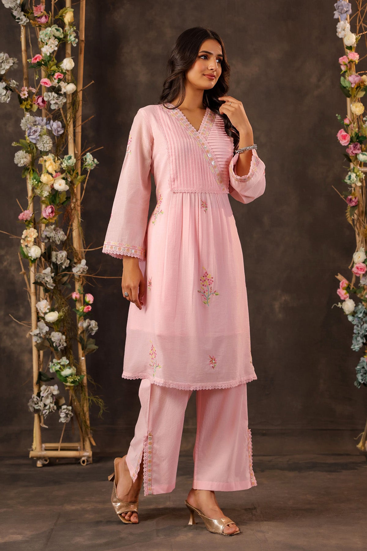 Pink Mul Mul Embroidered Cord Set