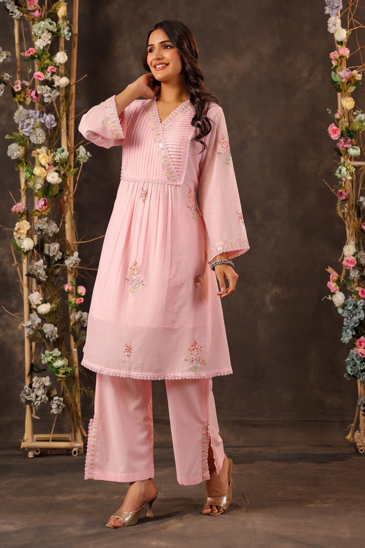 Pink Mul Mul Embroidered Cord Set