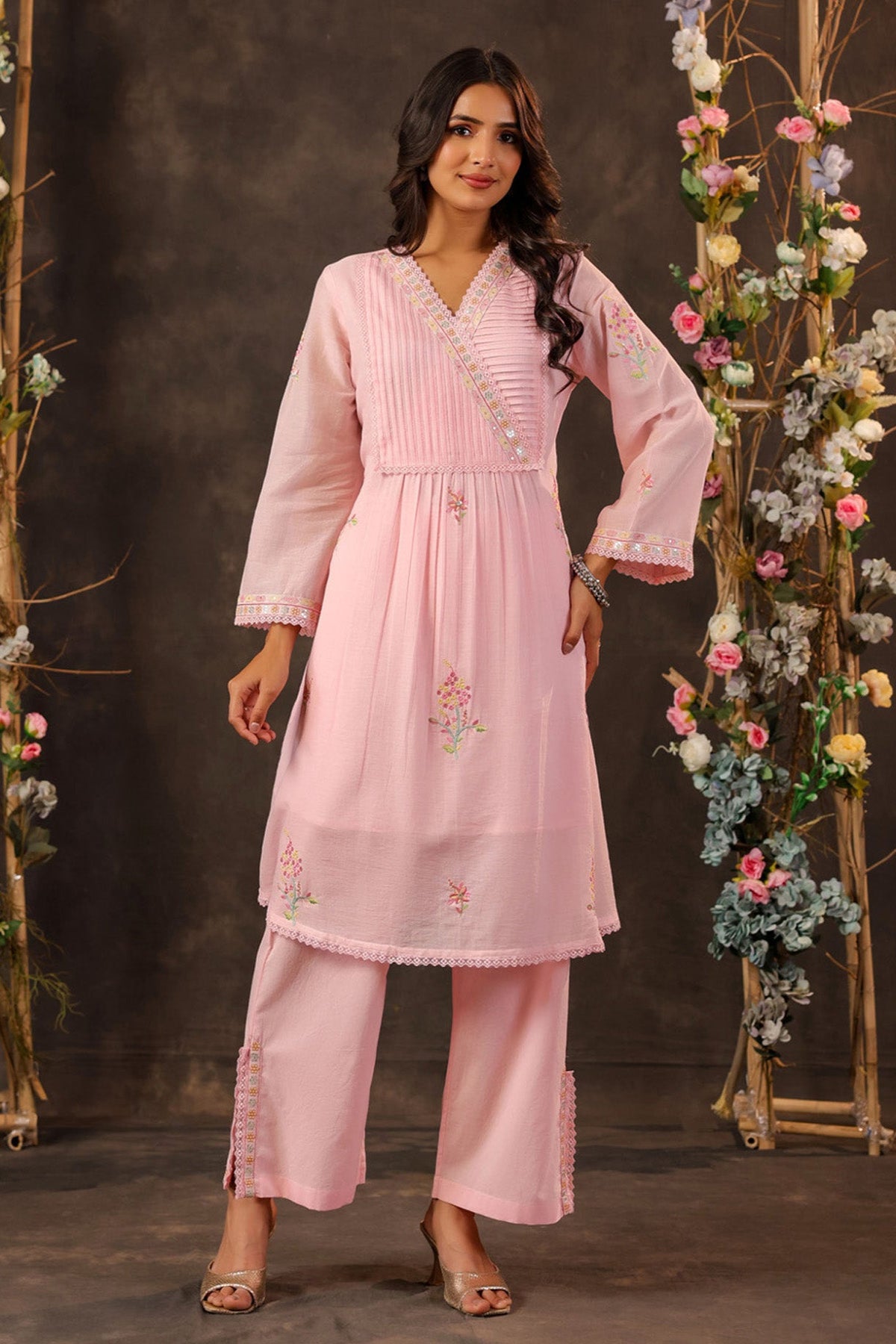 Pink Mul Mul Embroidered Cord Set