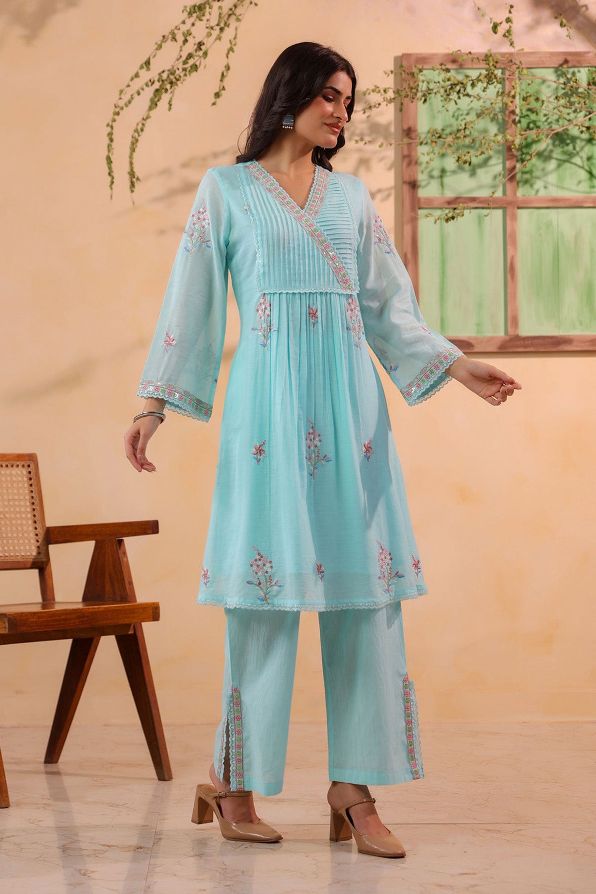 Sky Blue Mul Mul Embroidered Cord Set