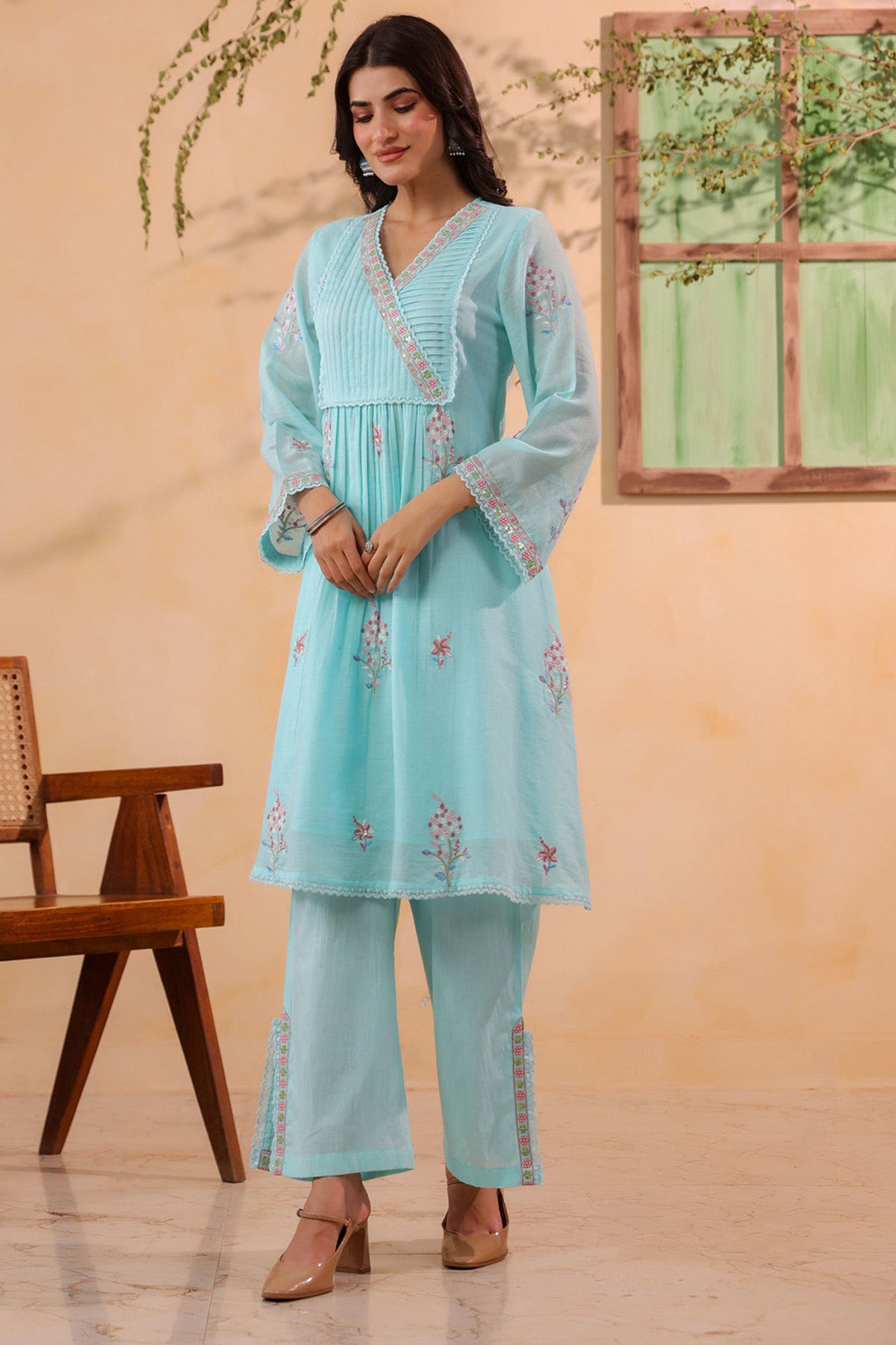 Sky Blue Mul Mul Embroidered Cord Set