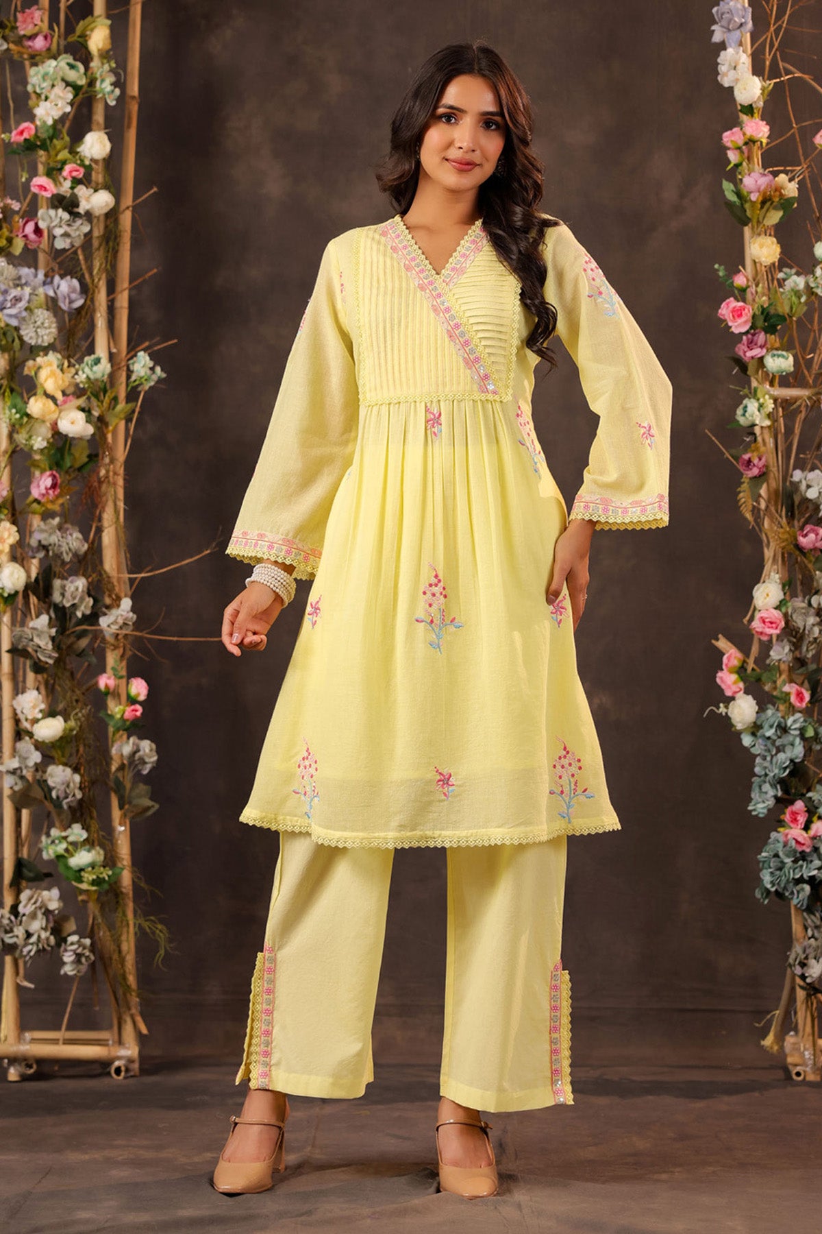 Yellow Mul Mul Embroidered Cord Set