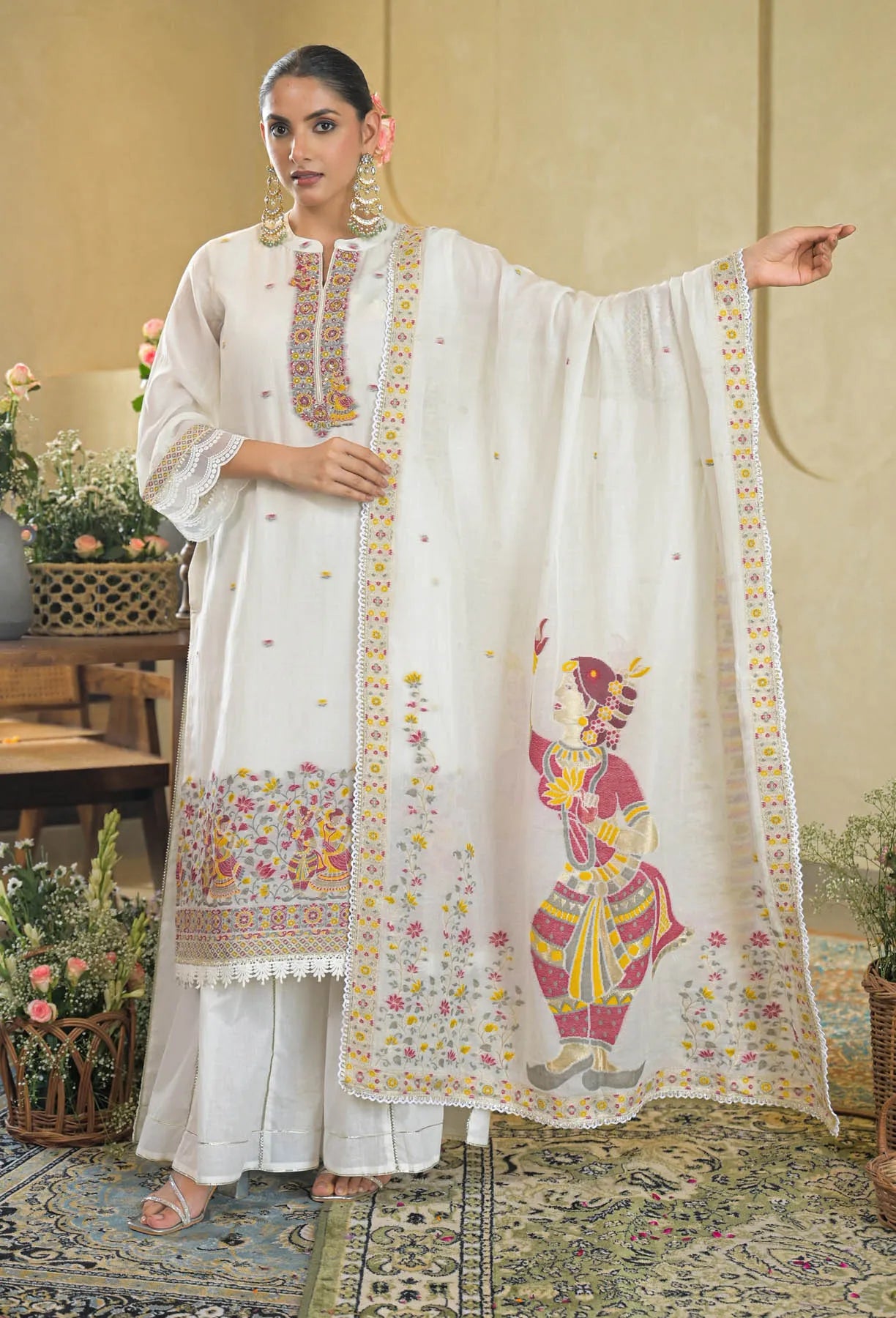 White Jamdani Silk Embroidered Pakistani Suit Set | Bairaas