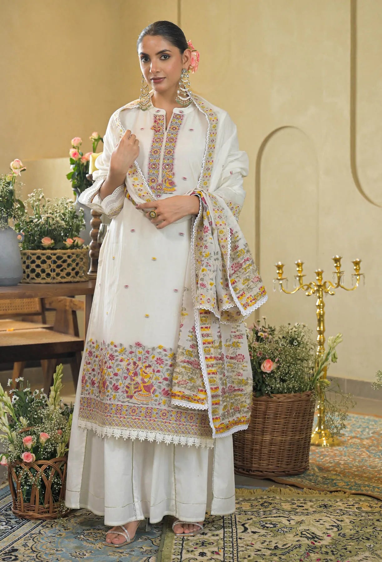 White Jamdani Silk Embroidered Pakistani Suit Set | Bairaas