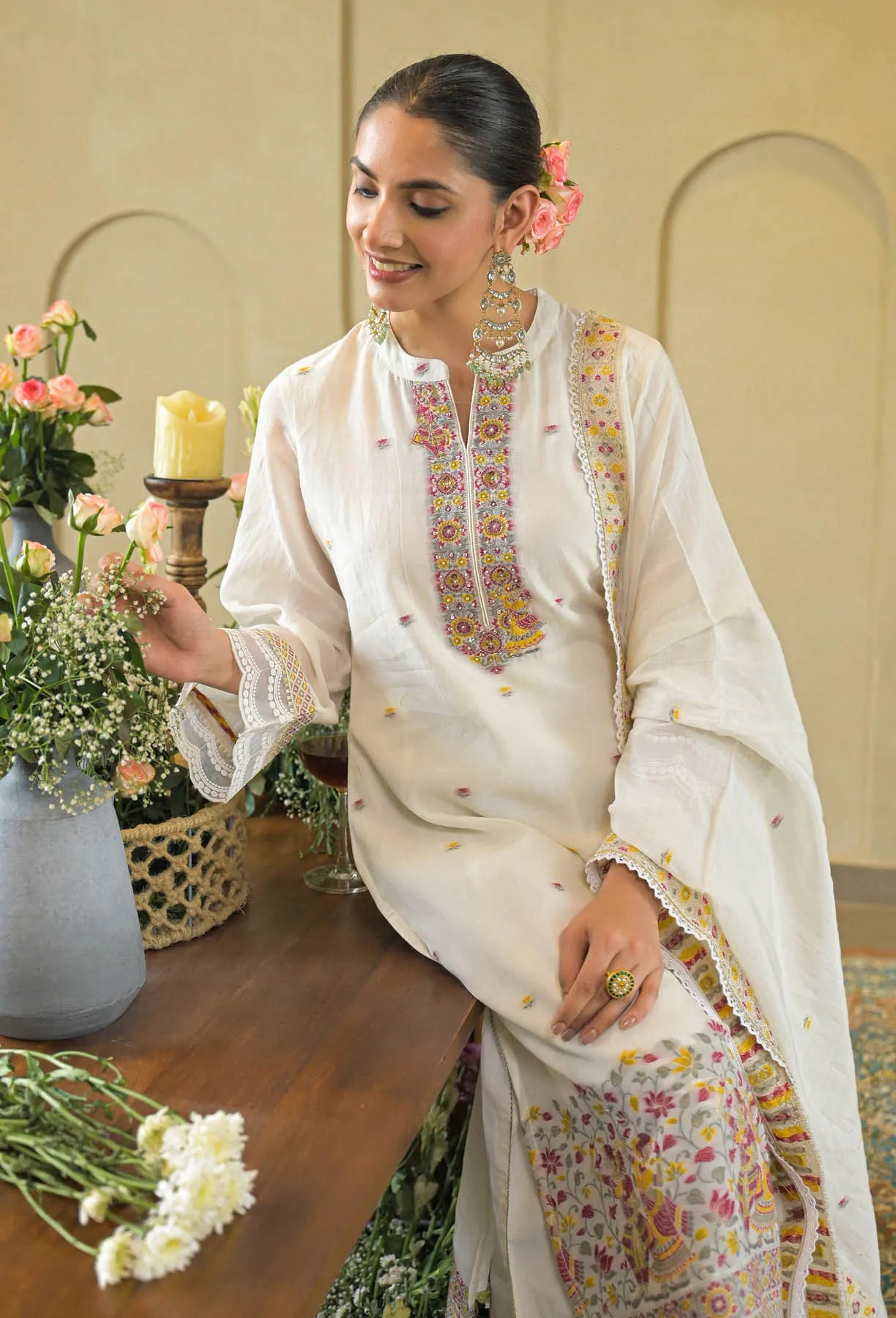 White Jamdani Silk Embroidered Pakistani Suit Set | Bairaas