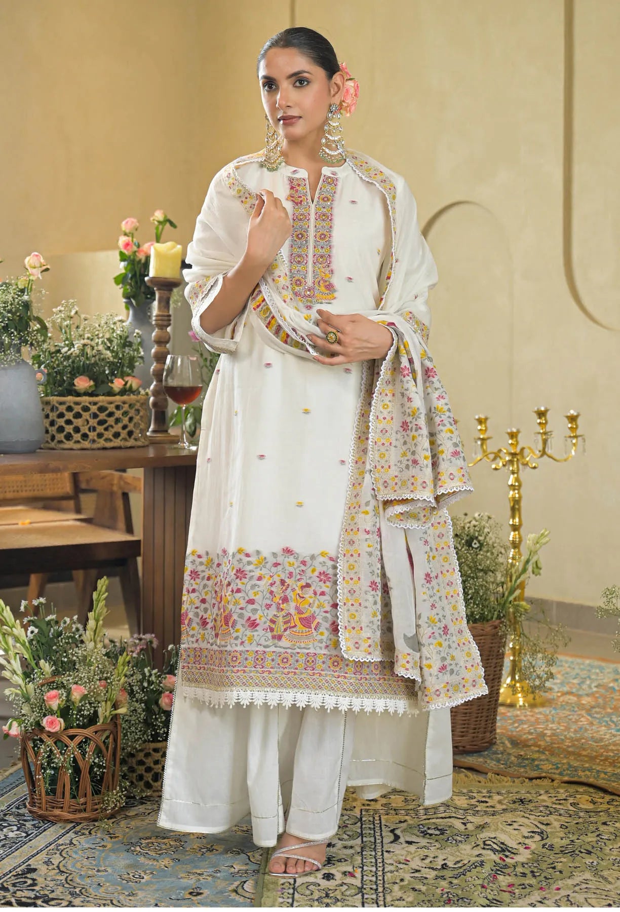White Jamdani Silk Embroidered Pakistani Suit Set | Bairaas