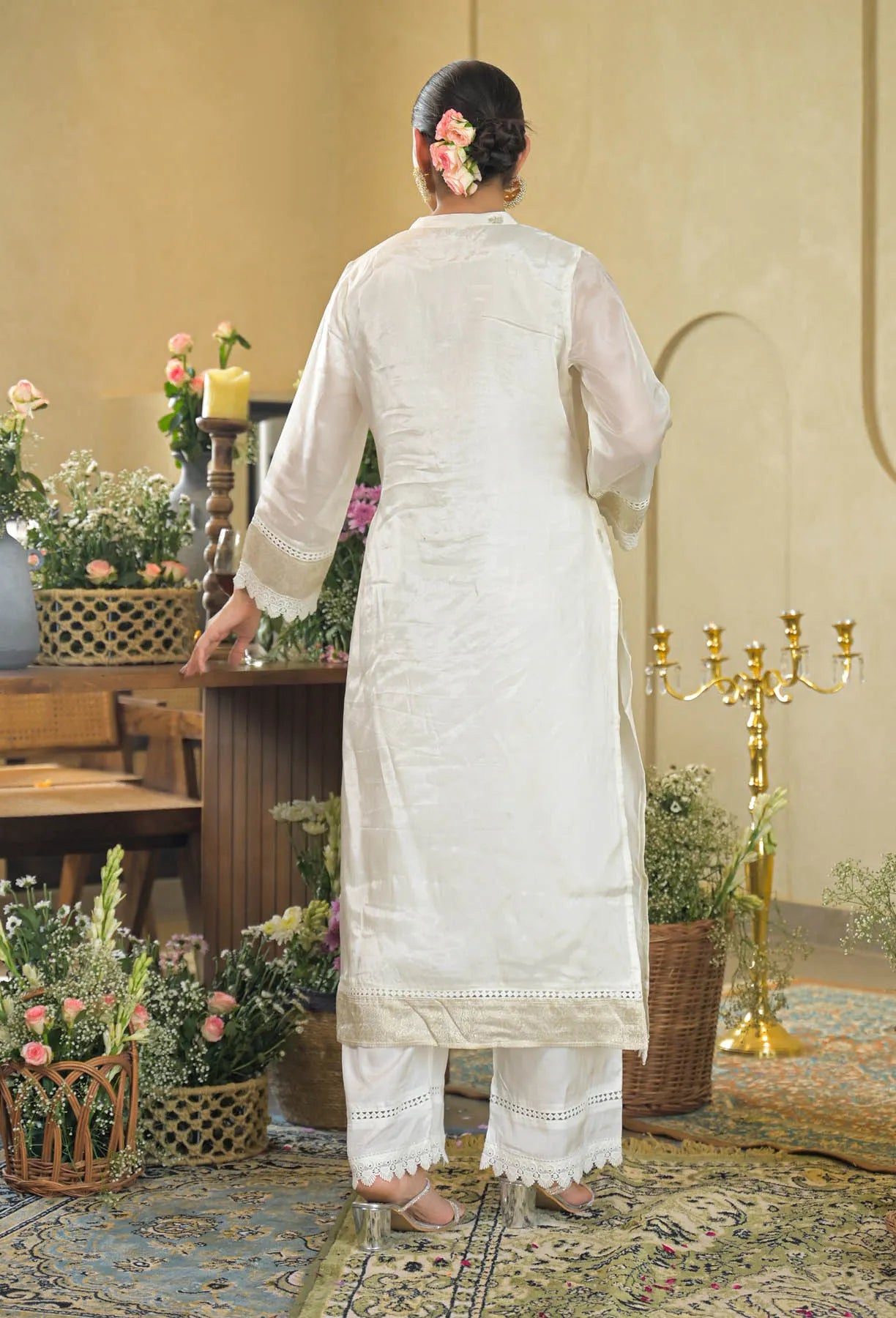 White Jamdani Silk Embroidered Pakistani Suit Set | Bairaas