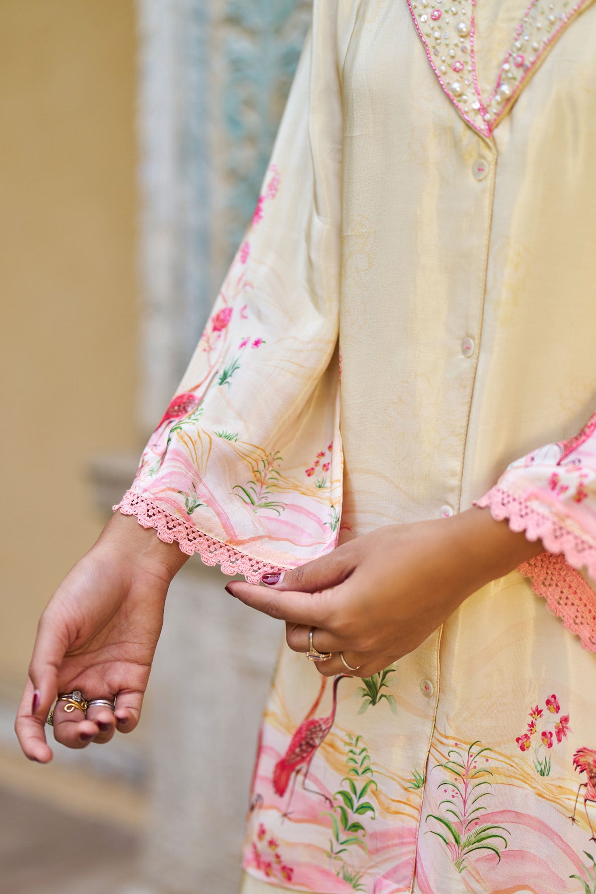 Cream Crepe Silk Handwork Cord Set