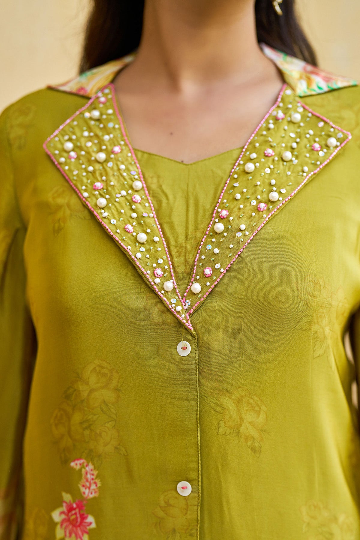 Green Crepe Silk Handwork Cord Set