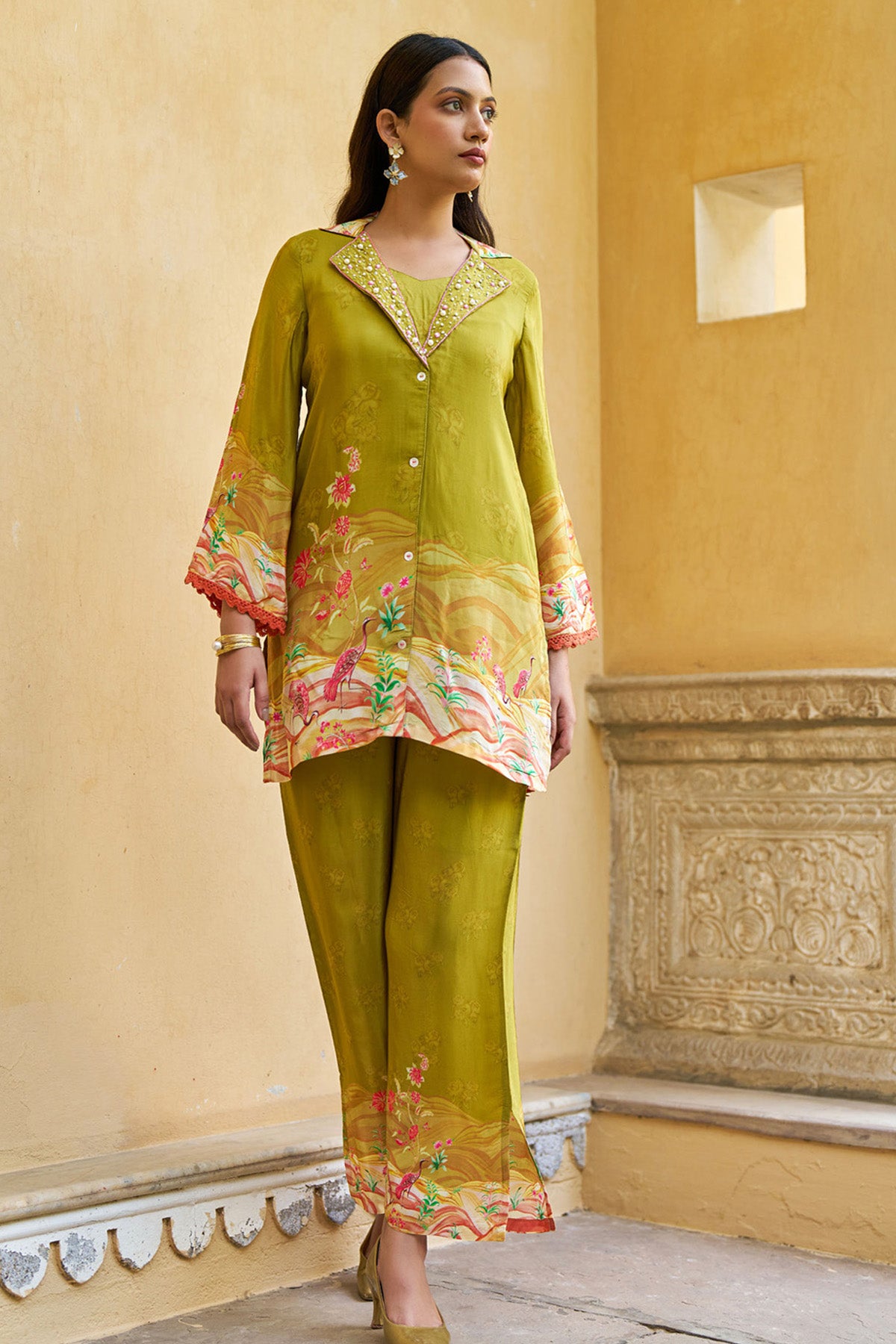 Green Crepe Silk Handwork Cord Set