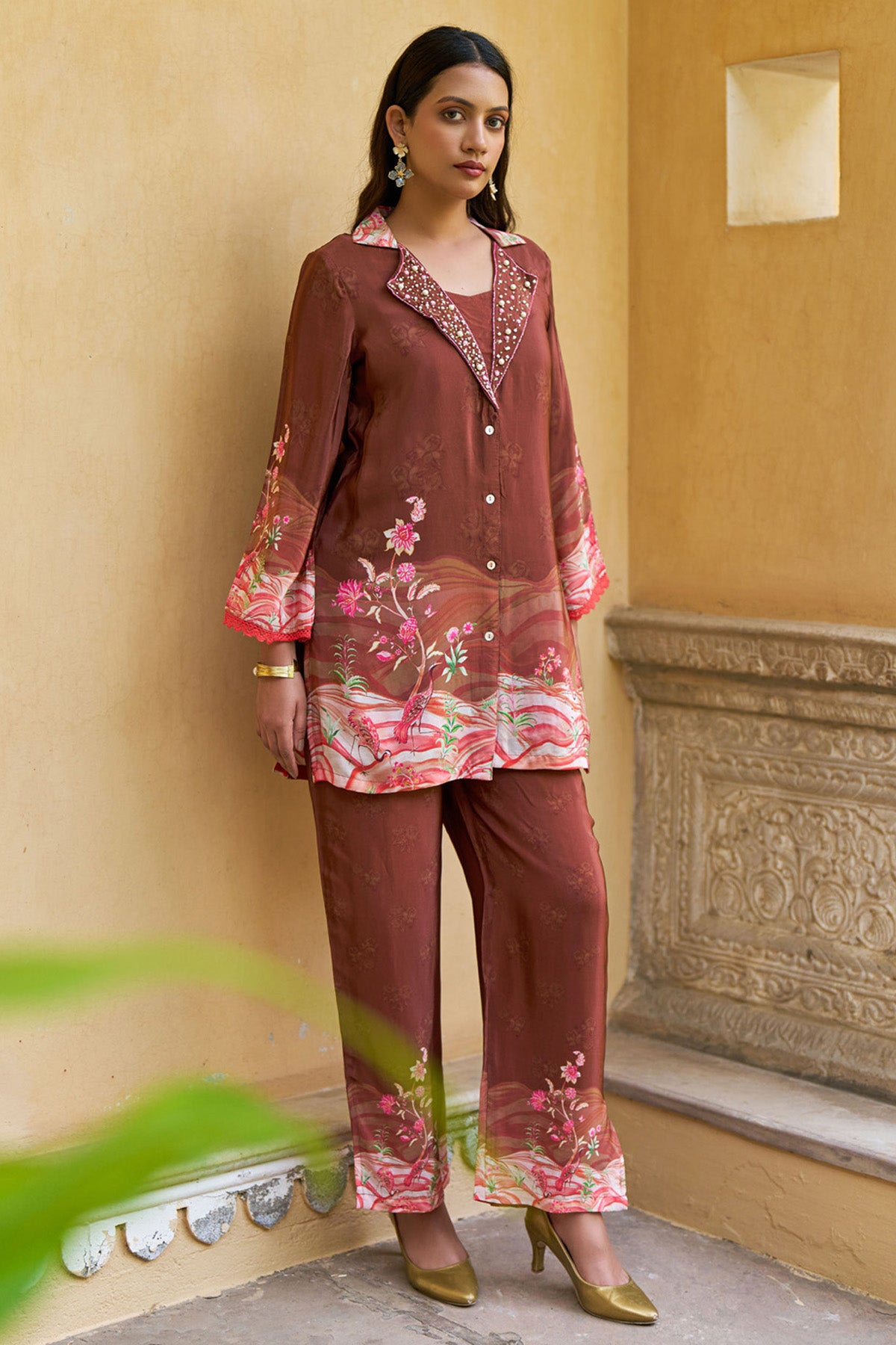 Rust Brown Crepe Silk Handwork Cord Set
