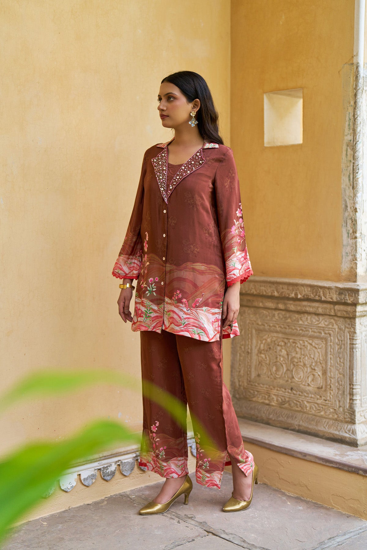 Rust Brown Crepe Silk Handwork Cord Set