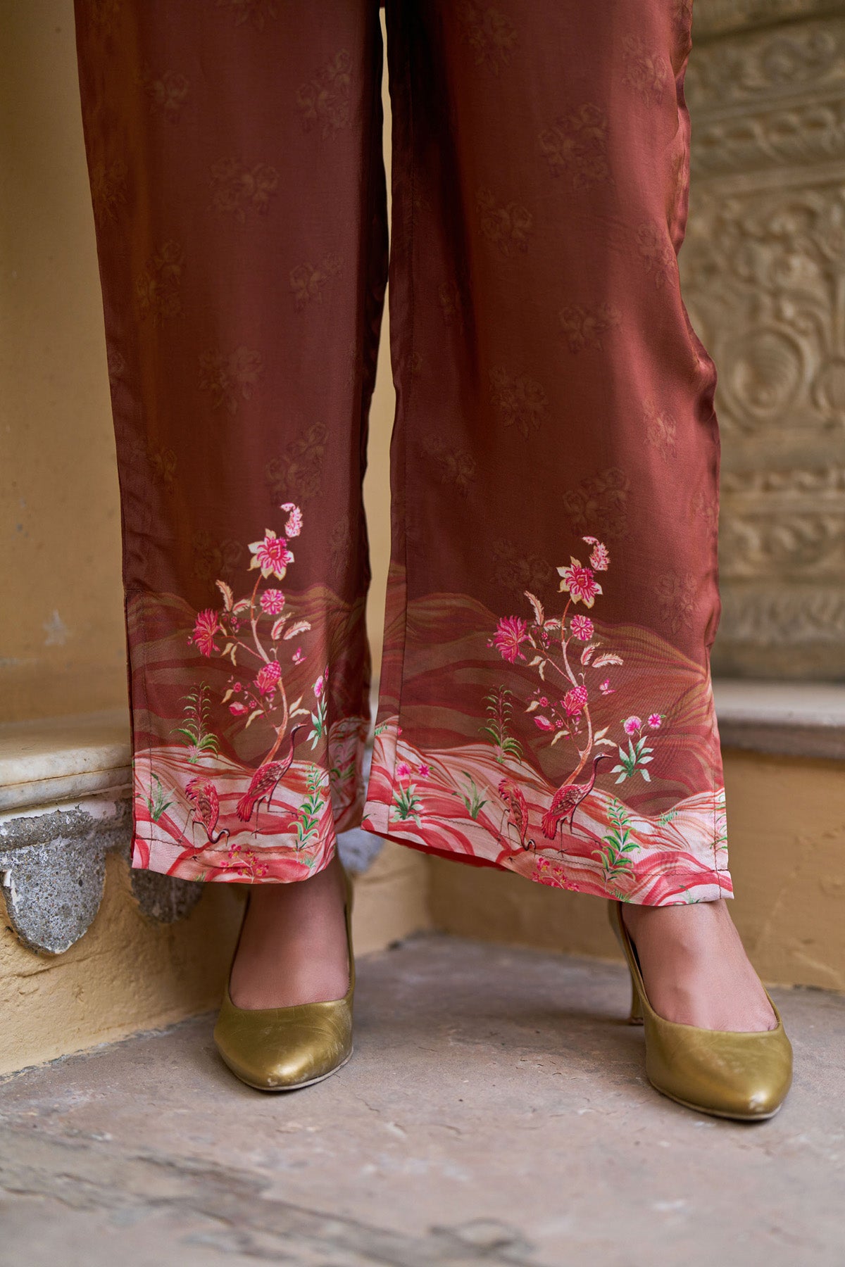 Rust Brown Crepe Silk Handwork Cord Set