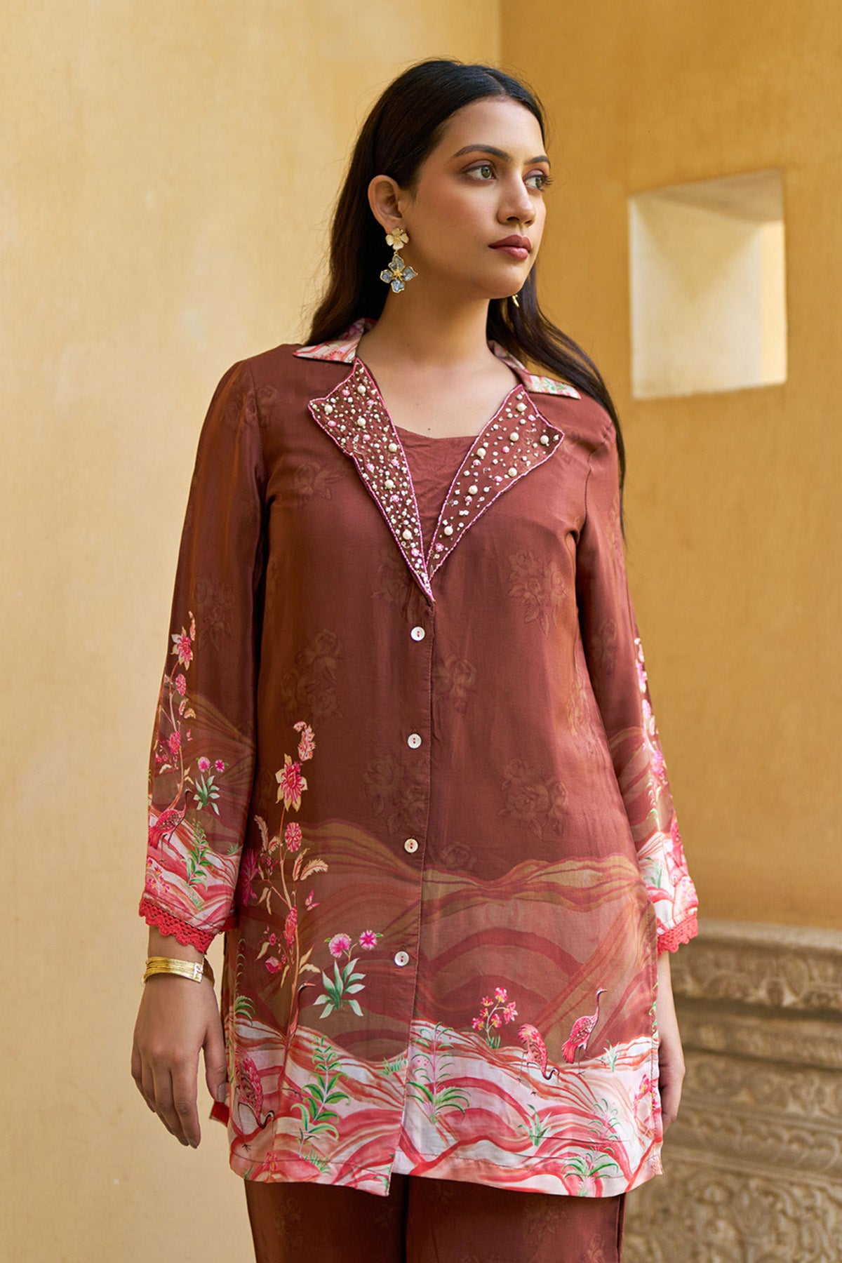 Rust Brown Crepe Silk Handwork Cord Set
