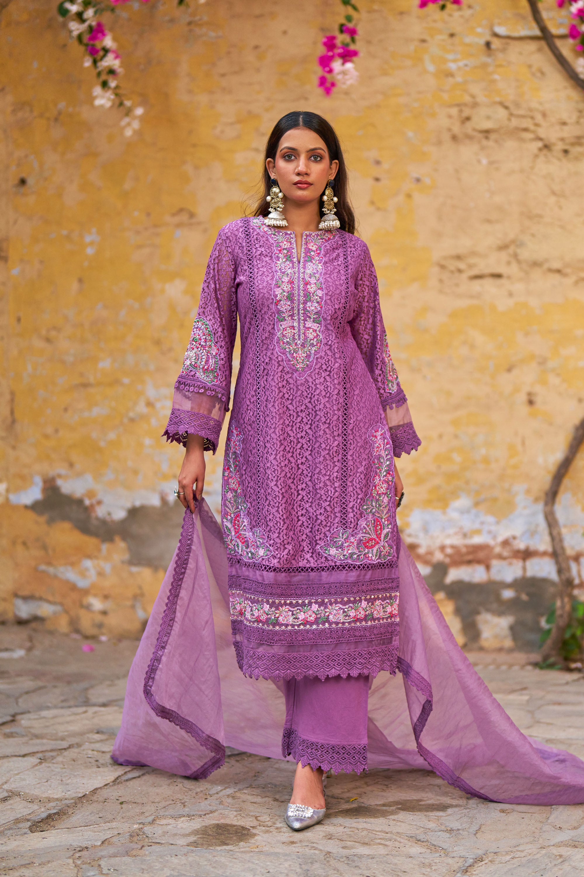 Purple Net Embroidered Kurta Set With Dupatta