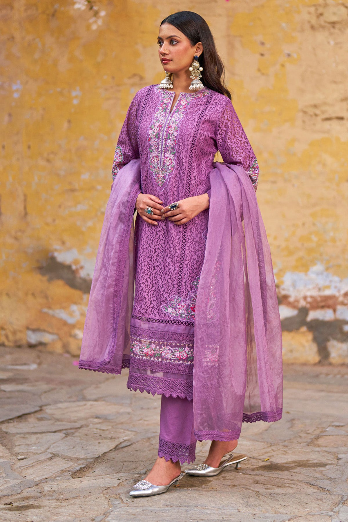 Purple Net Embroidered Kurta Set With Dupatta