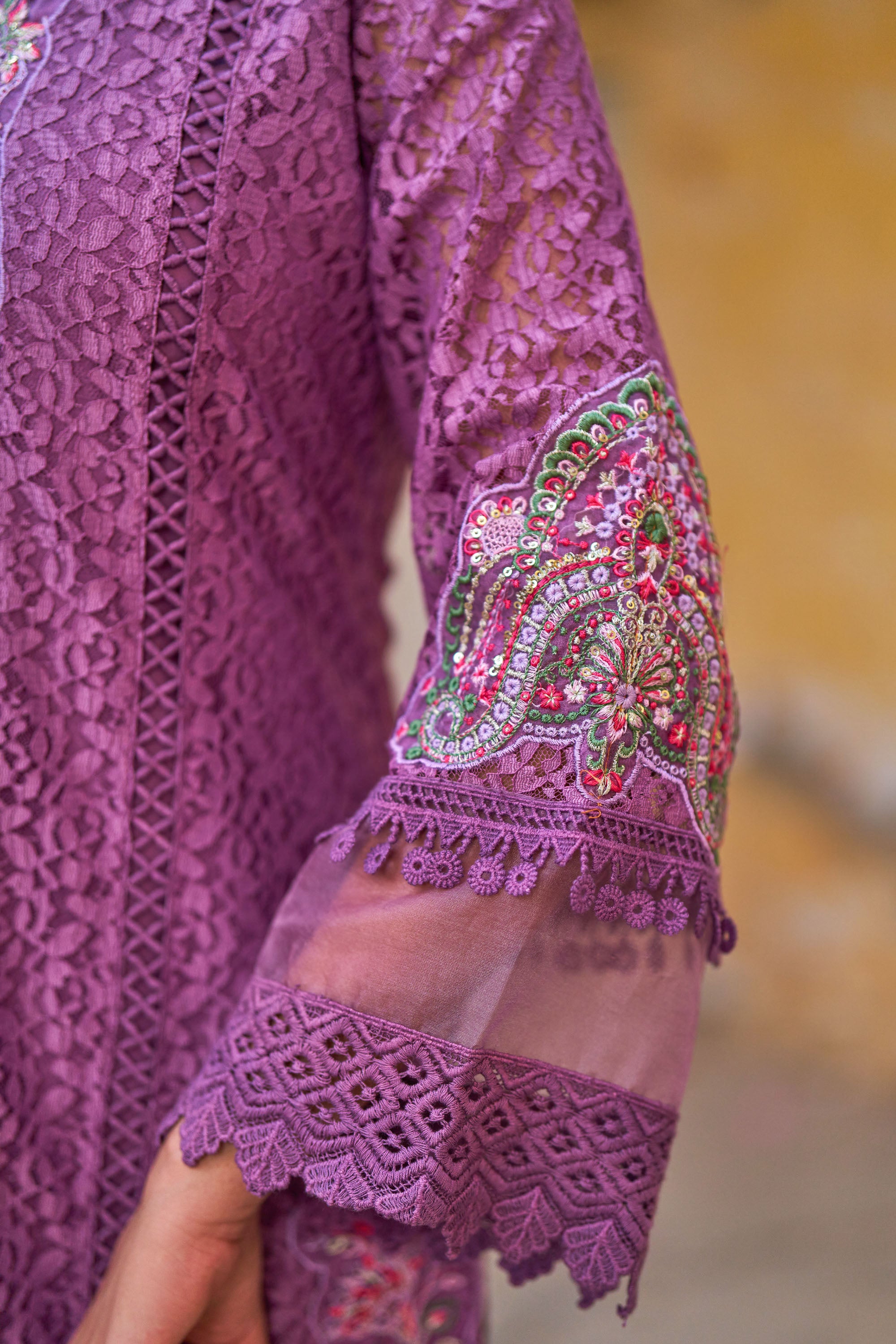 Purple Net Embroidered Kurta Set With Dupatta