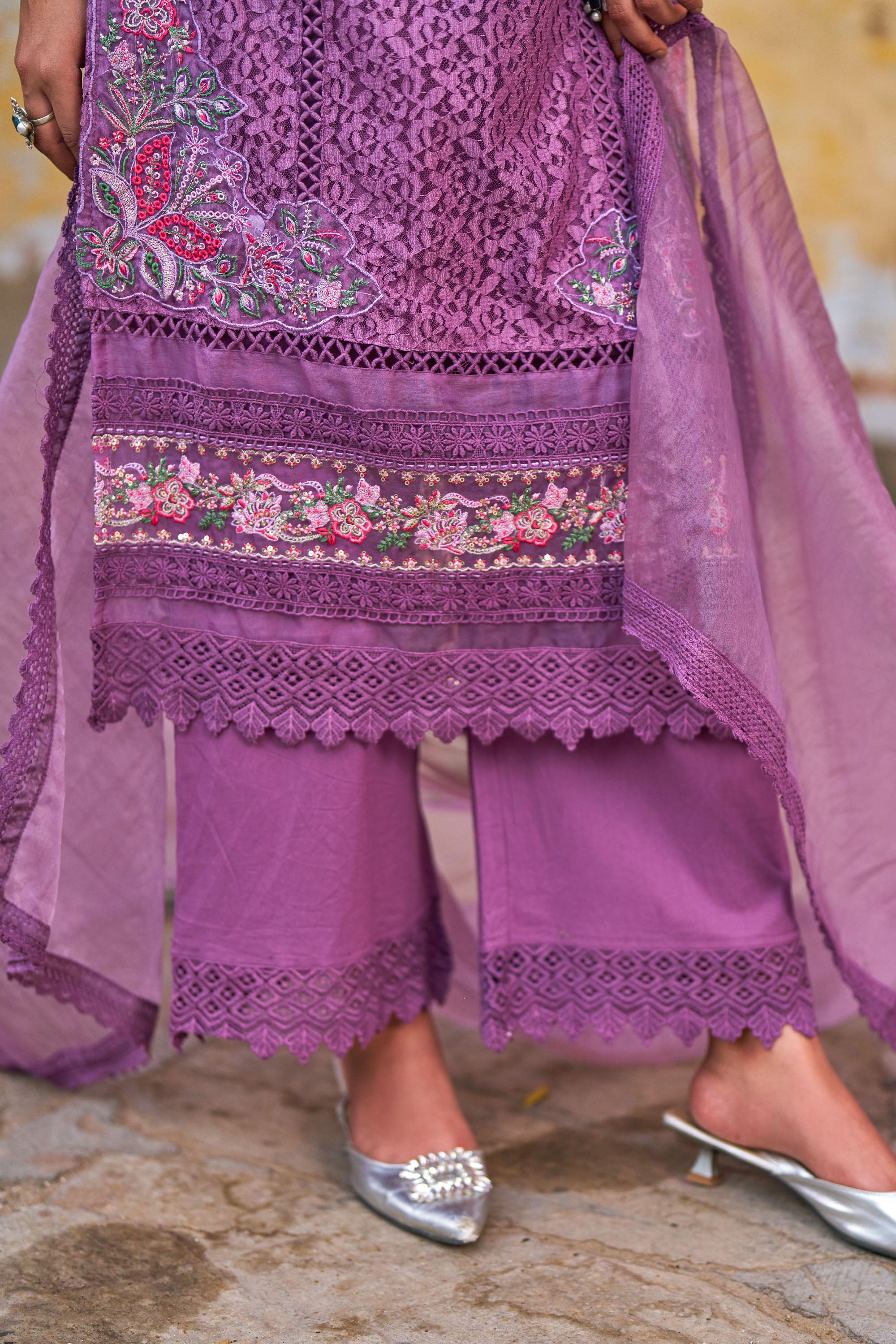 Purple Net Embroidered Kurta Set With Dupatta