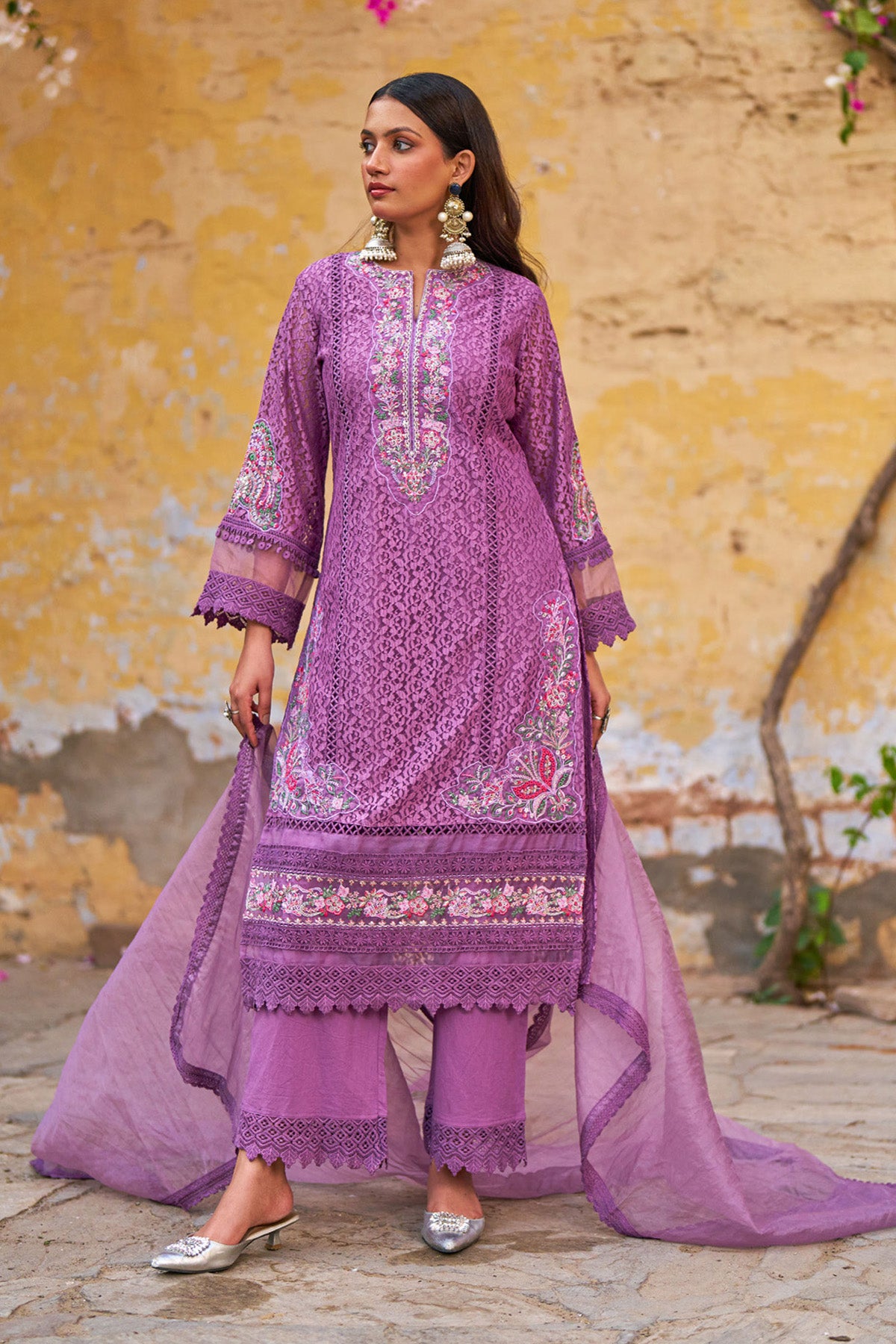 Purple Net Embroidered Kurta Set With Dupatta