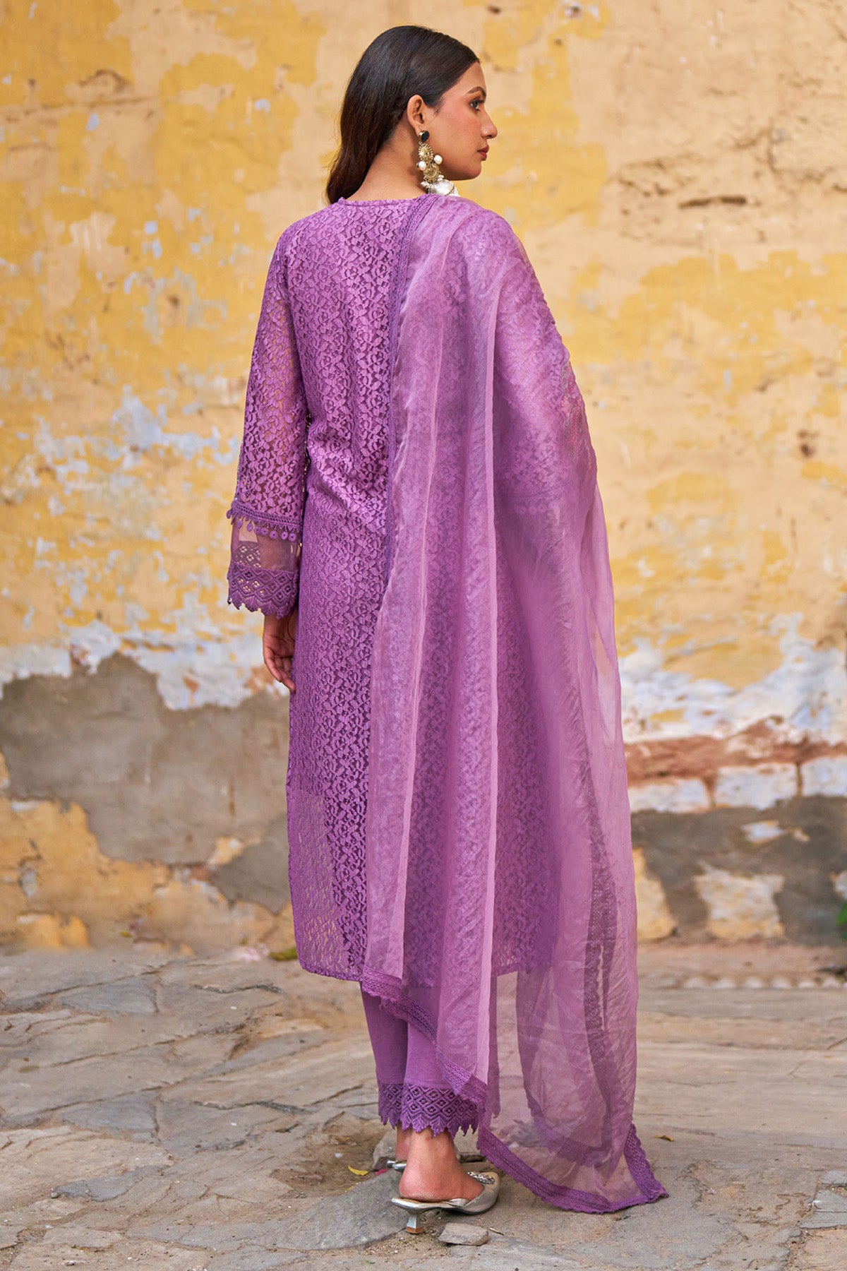 Purple Net Embroidered Kurta Set With Dupatta