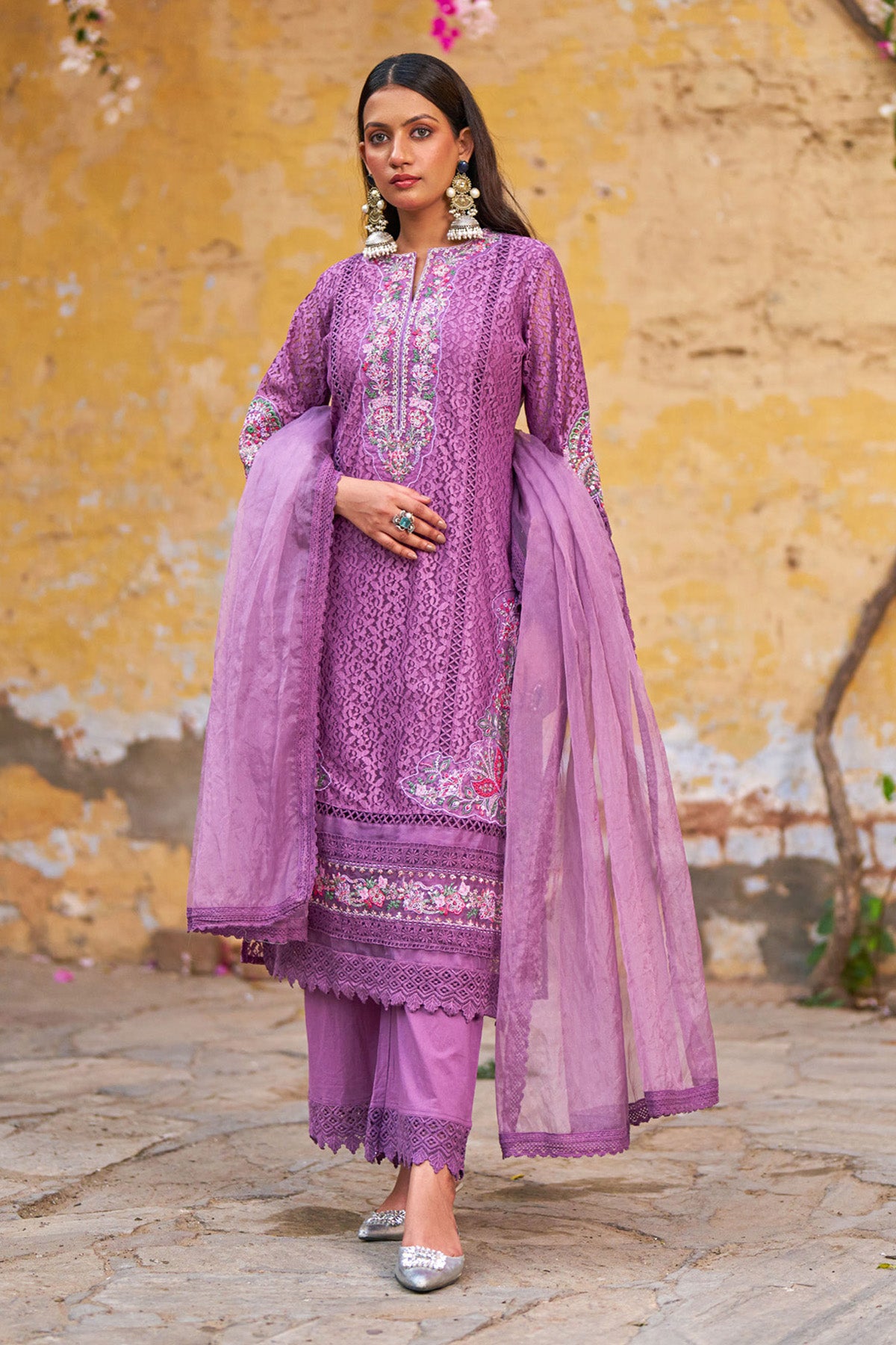 Purple Net Embroidered Kurta Set With Dupatta