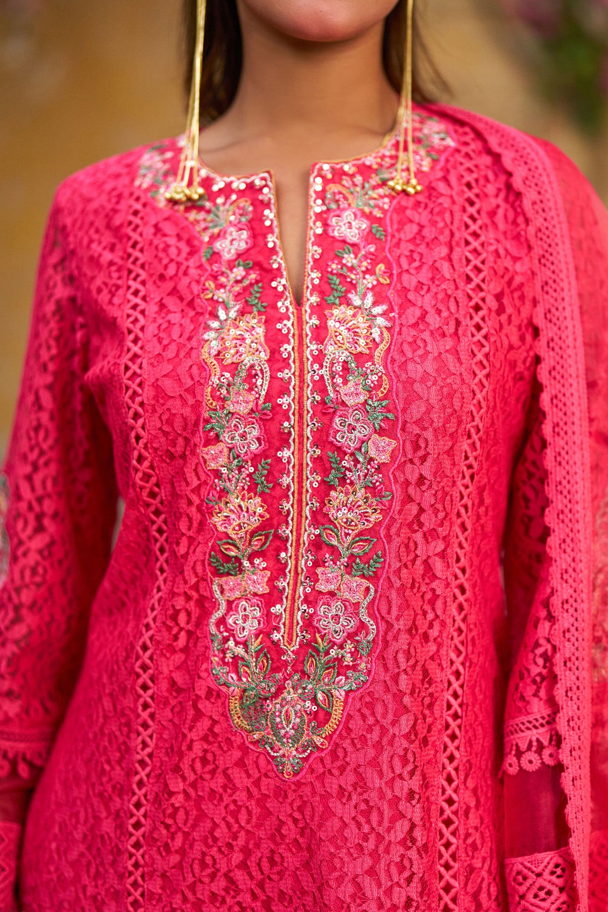 Red Net Embroidered Kurta Set With Dupatta
