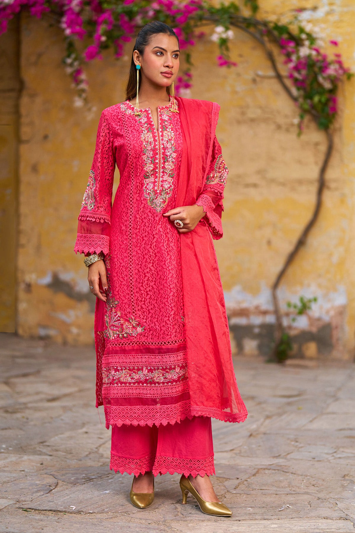 Red Net Embroidered Kurta Set With Dupatta