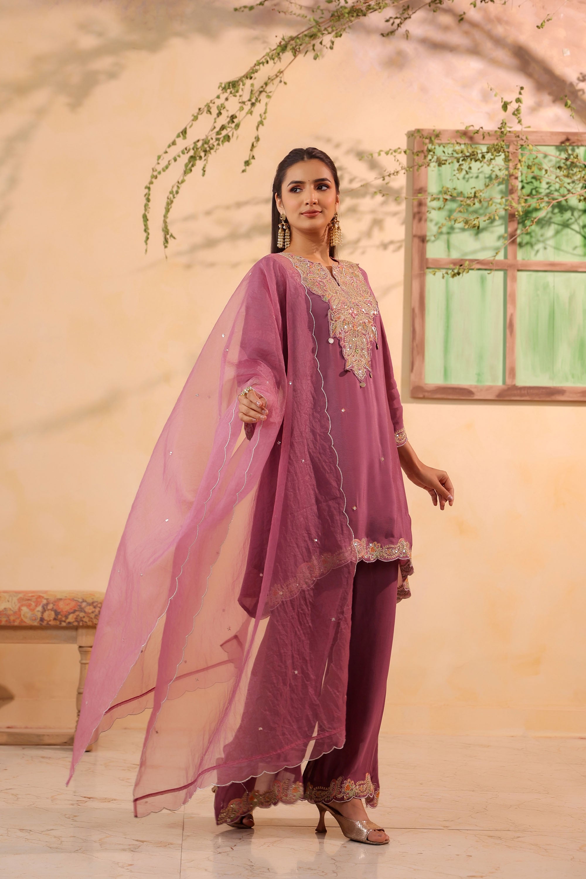Pink Chinon Silk Embroidered Sharara Set With Dupatta