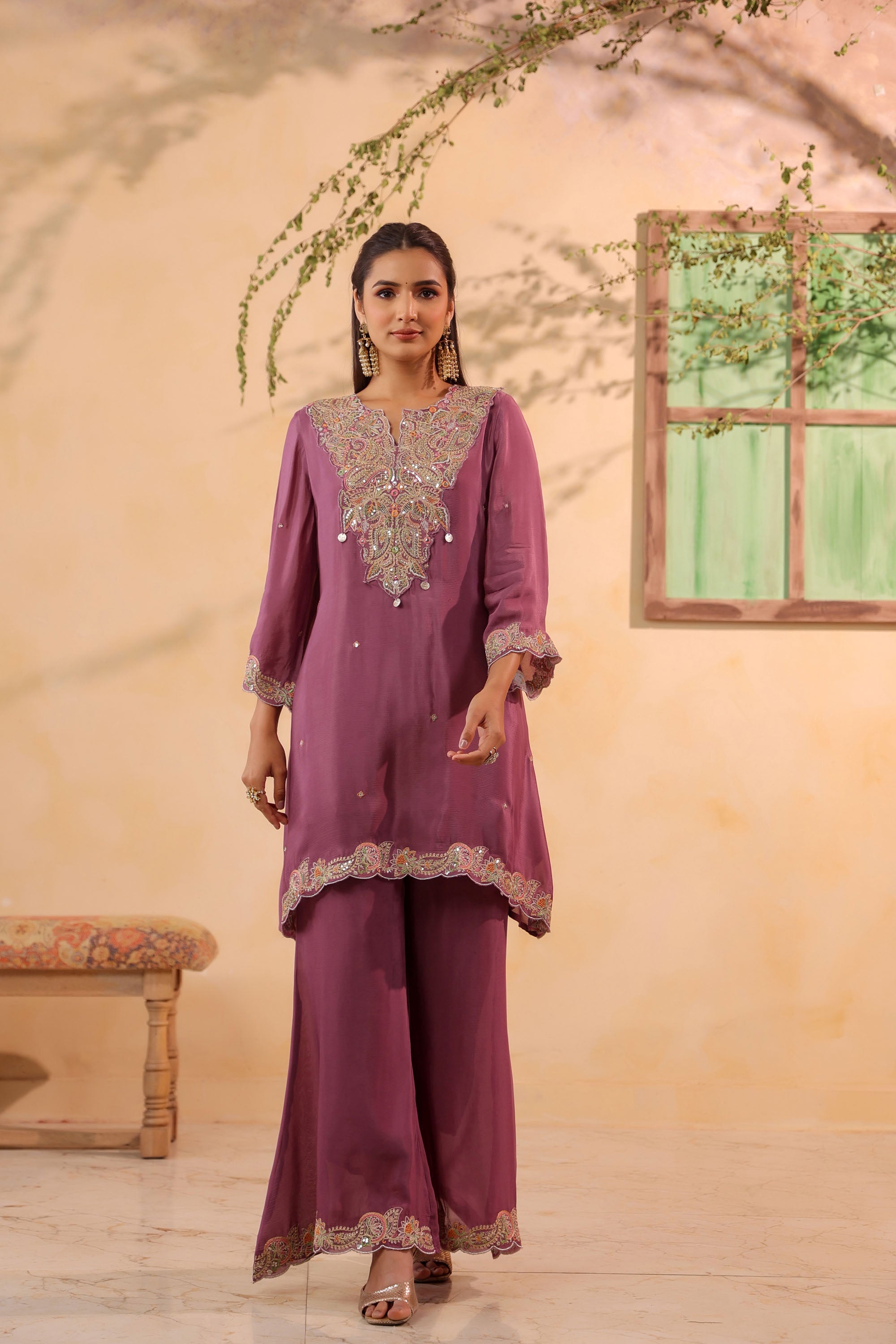 Pink Chinon Silk Embroidered Sharara Set With Dupatta