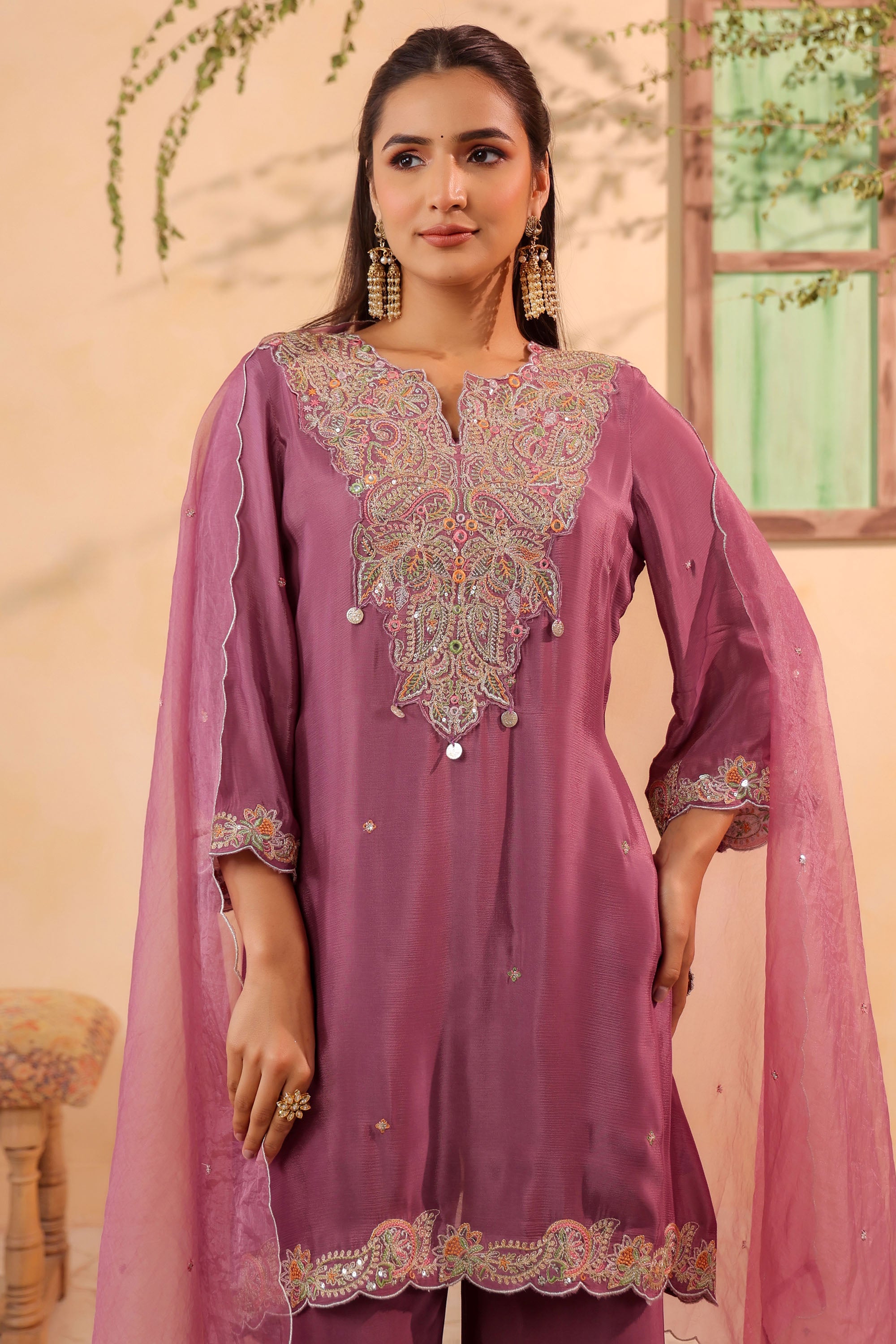 Pink Chinon Silk Embroidered Sharara Set With Dupatta