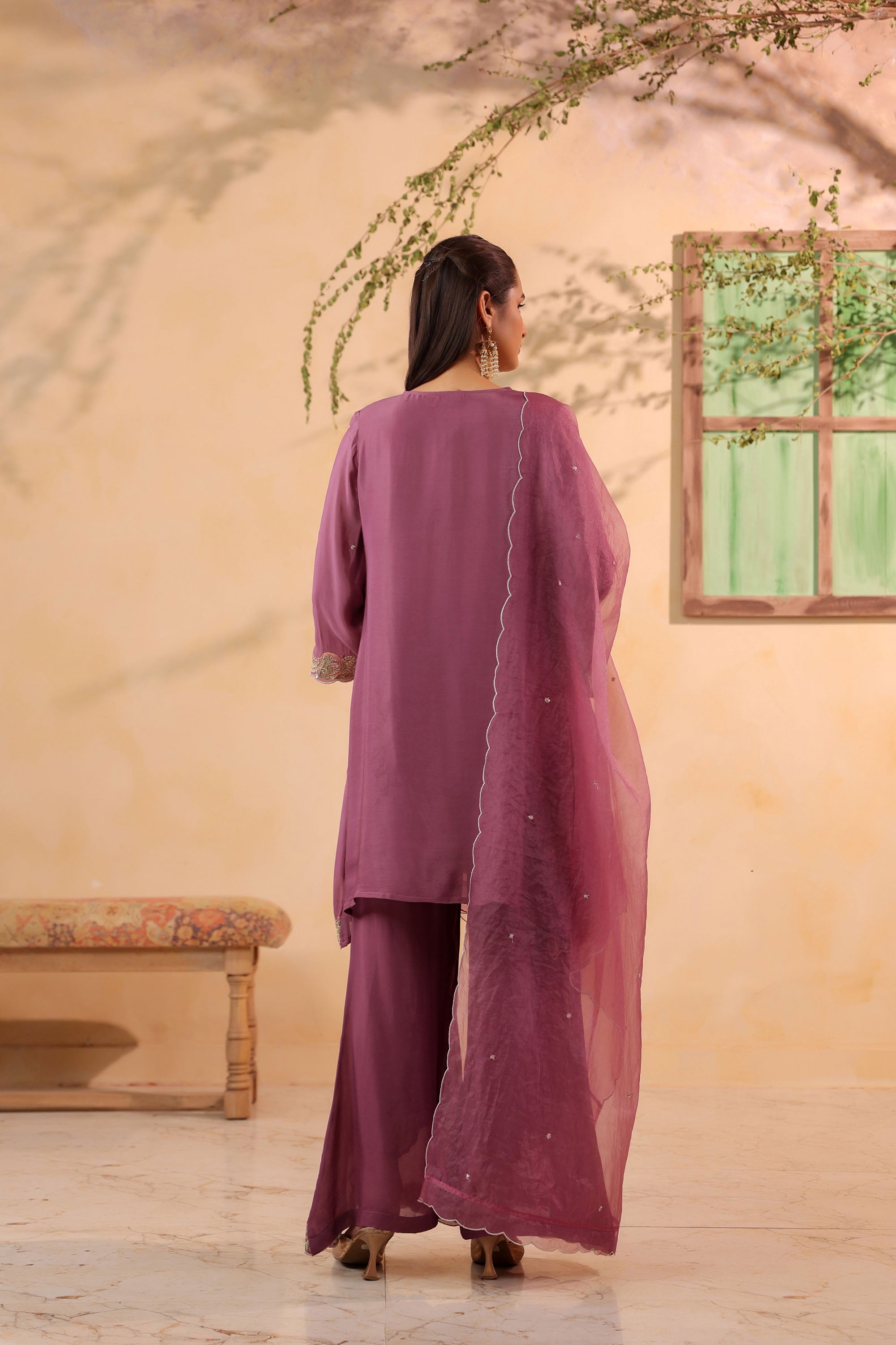 Pink Chinon Silk Embroidered Sharara Set With Dupatta