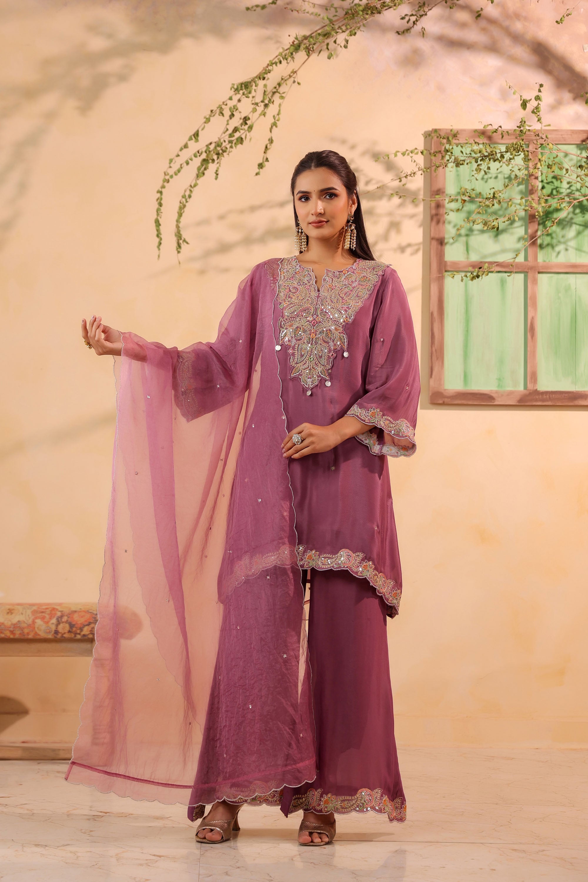 Pink Chinon Silk Embroidered Sharara Set With Dupatta