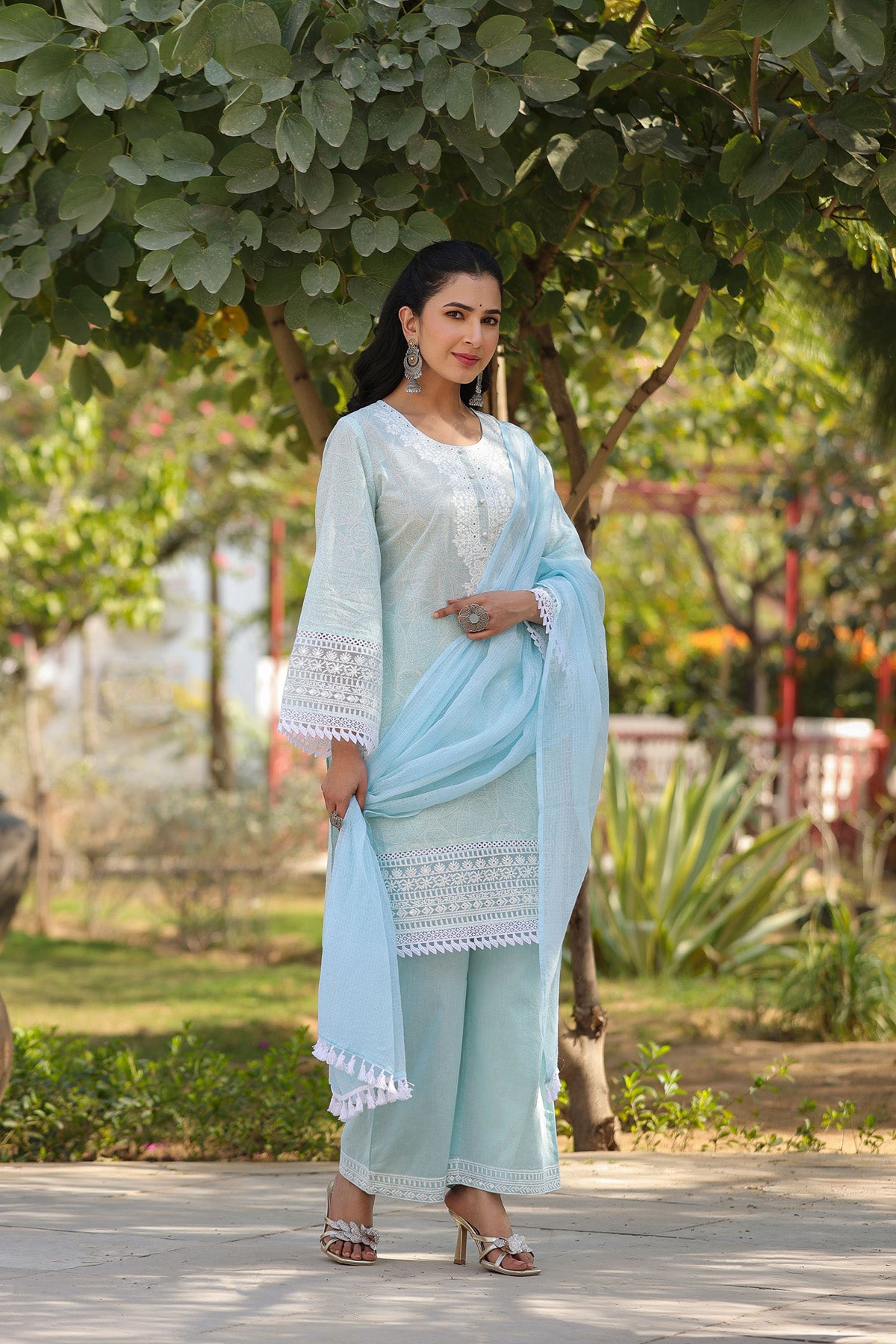 Blue Embroidered Cotton Kurta Set With Dupatta