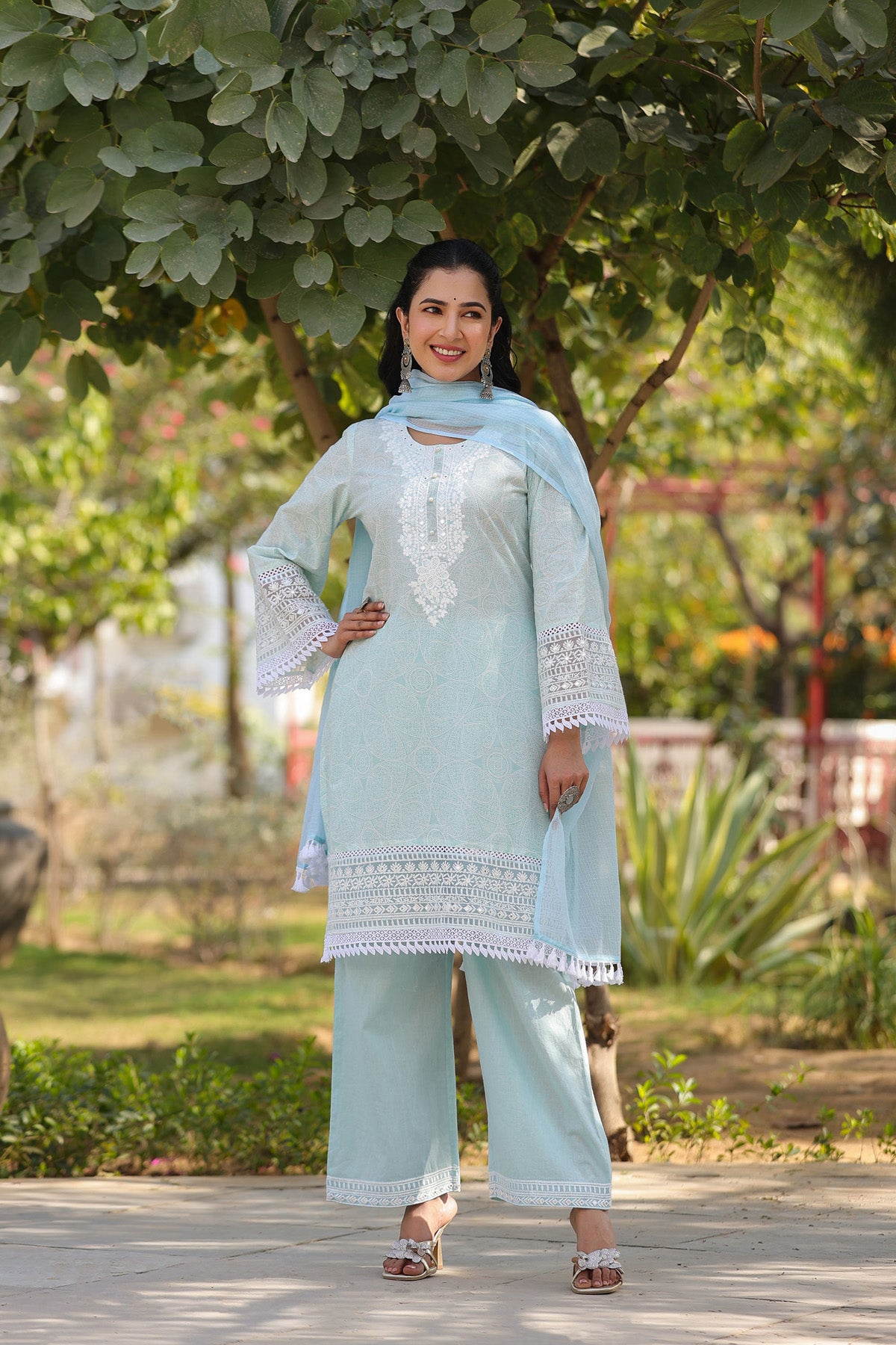 Blue Embroidered Cotton Kurta Set With Dupatta