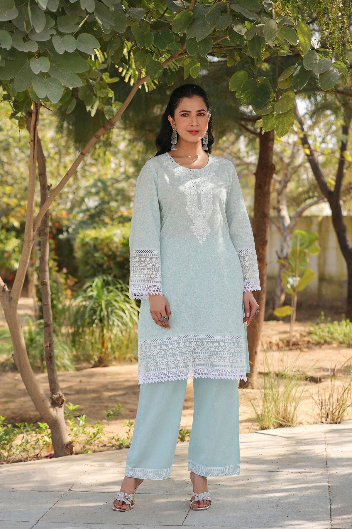 Blue Embroidered Cotton Kurta Set With Dupatta