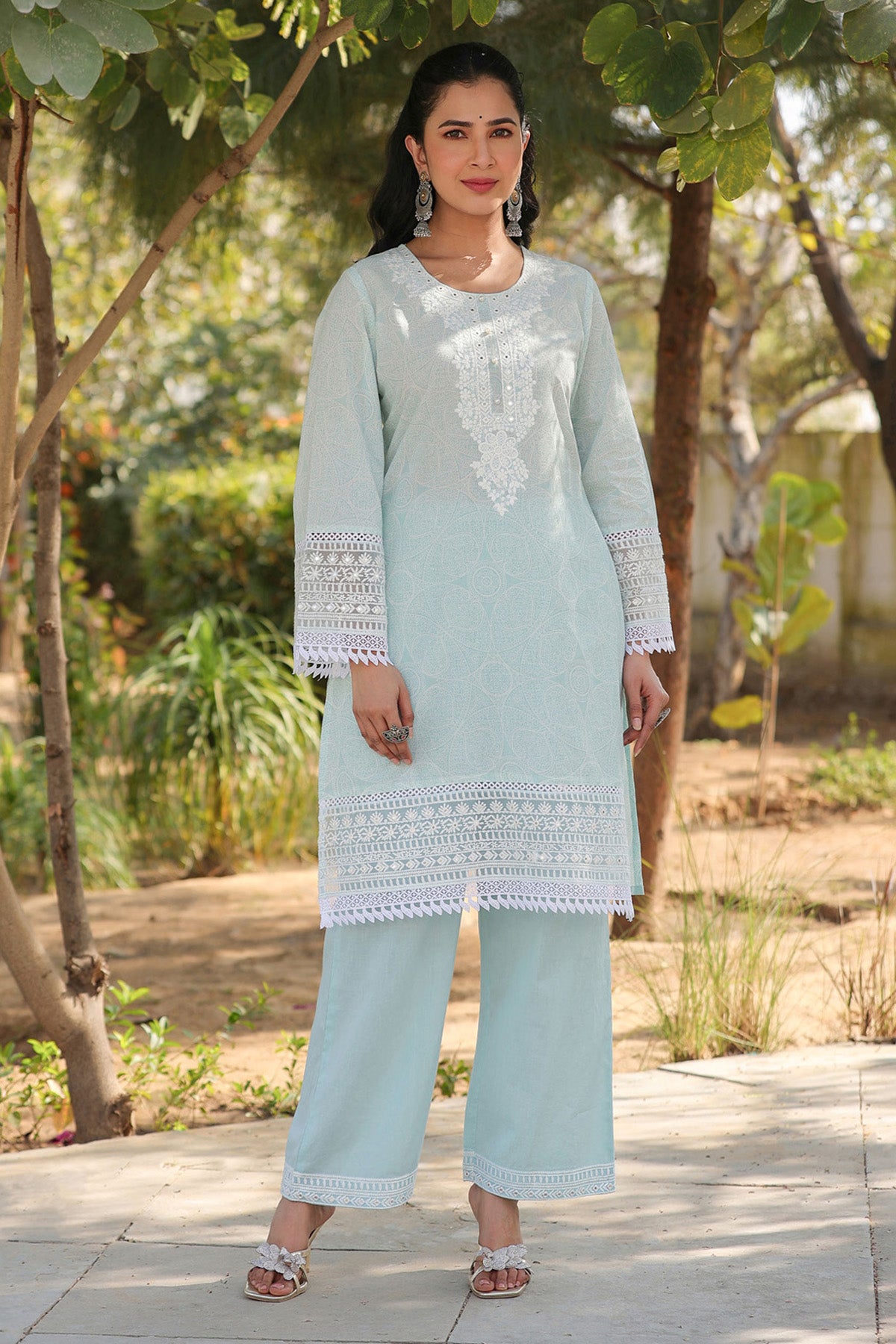 Blue Embroidered Cotton Kurta Set With Dupatta