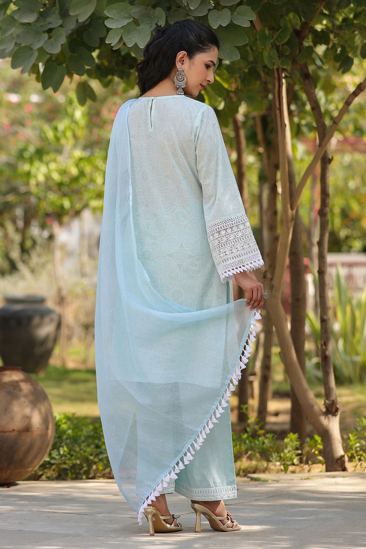 Blue Embroidered Cotton Kurta Set With Dupatta