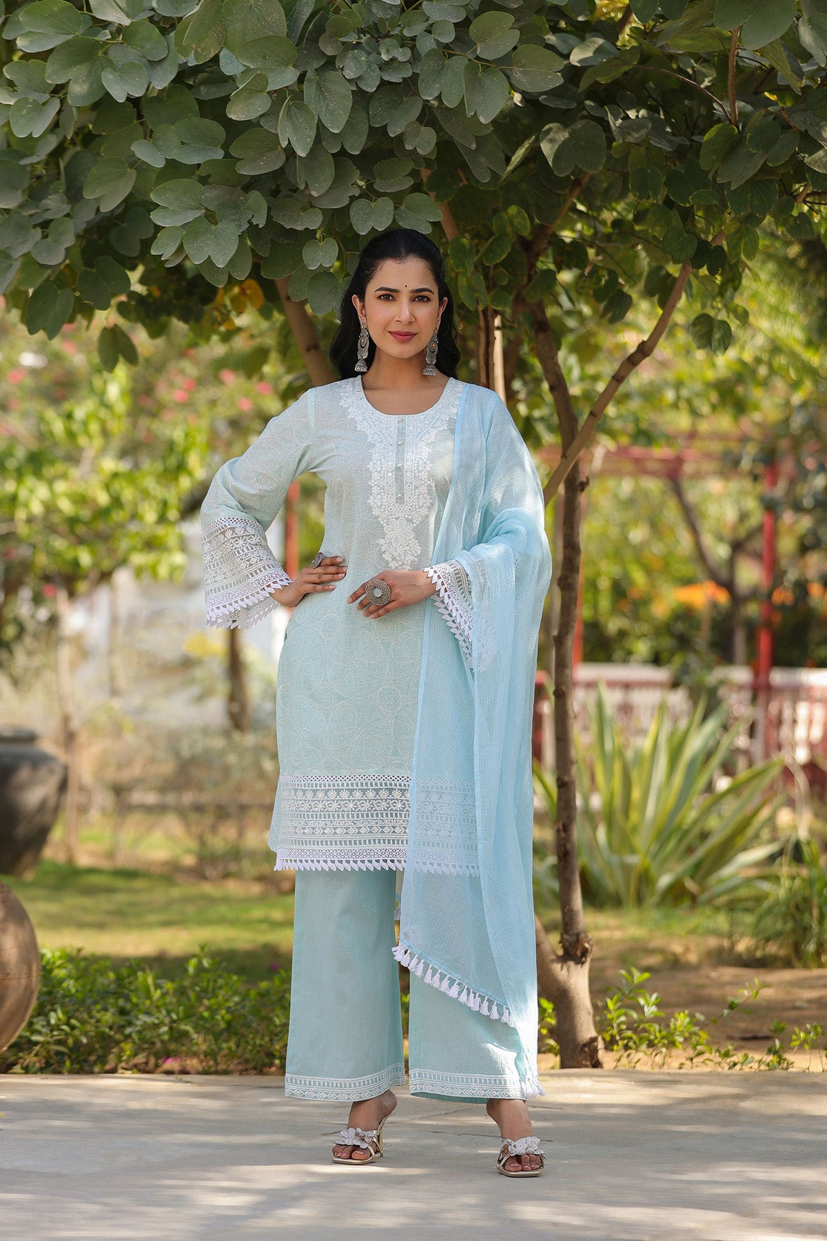 Blue Embroidered Cotton Kurta Set With Dupatta