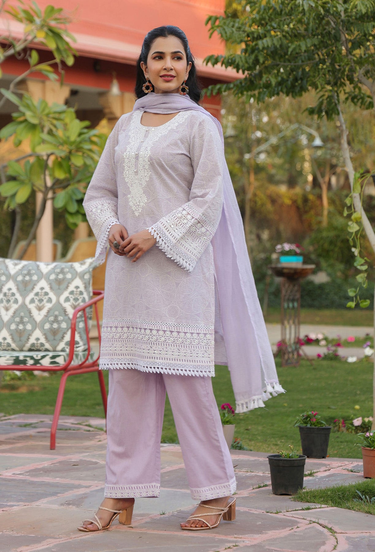 Pink Cotton Embroidered Kurta Set With Dupatta