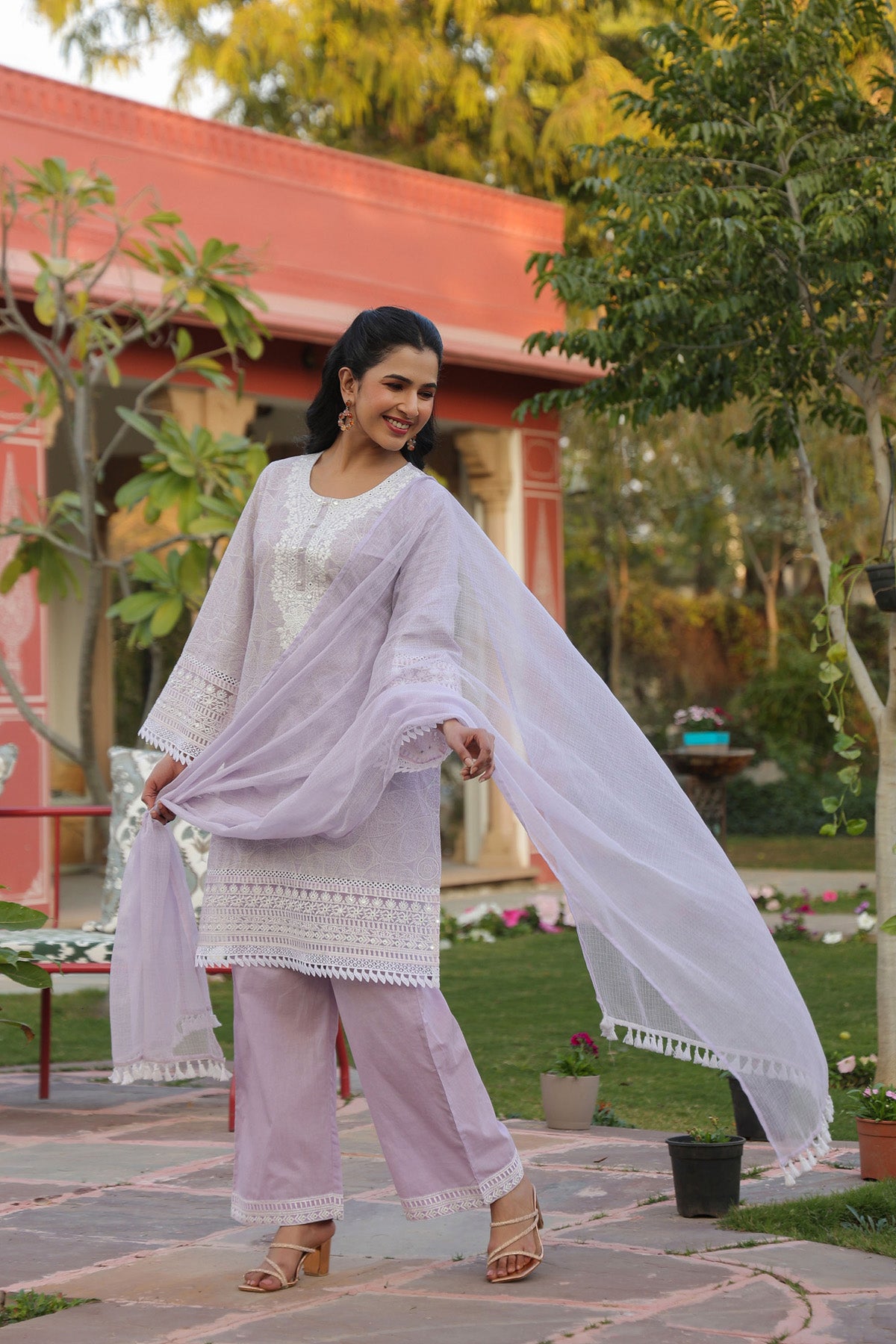 Pink Cotton Embroidered Kurta Set With Dupatta