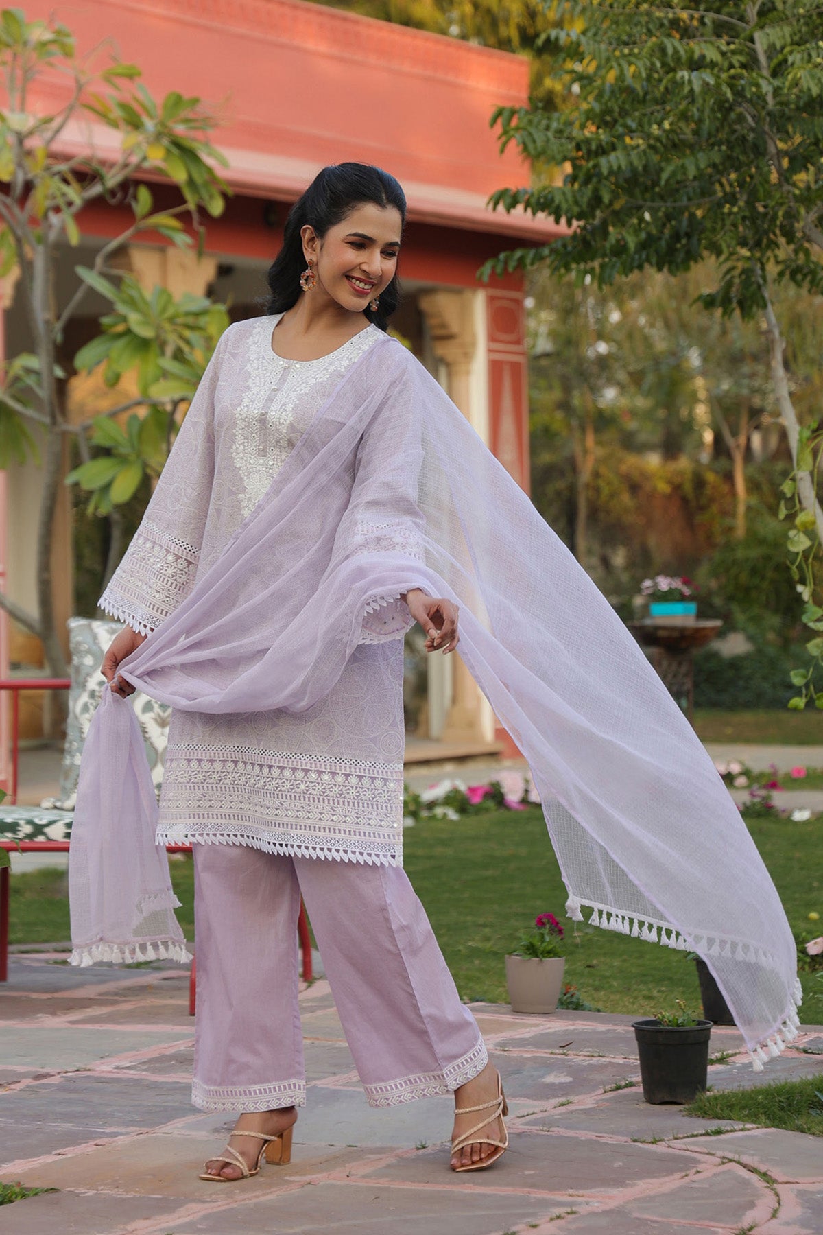 Pink Cotton Embroidered Kurta Set With Dupatta