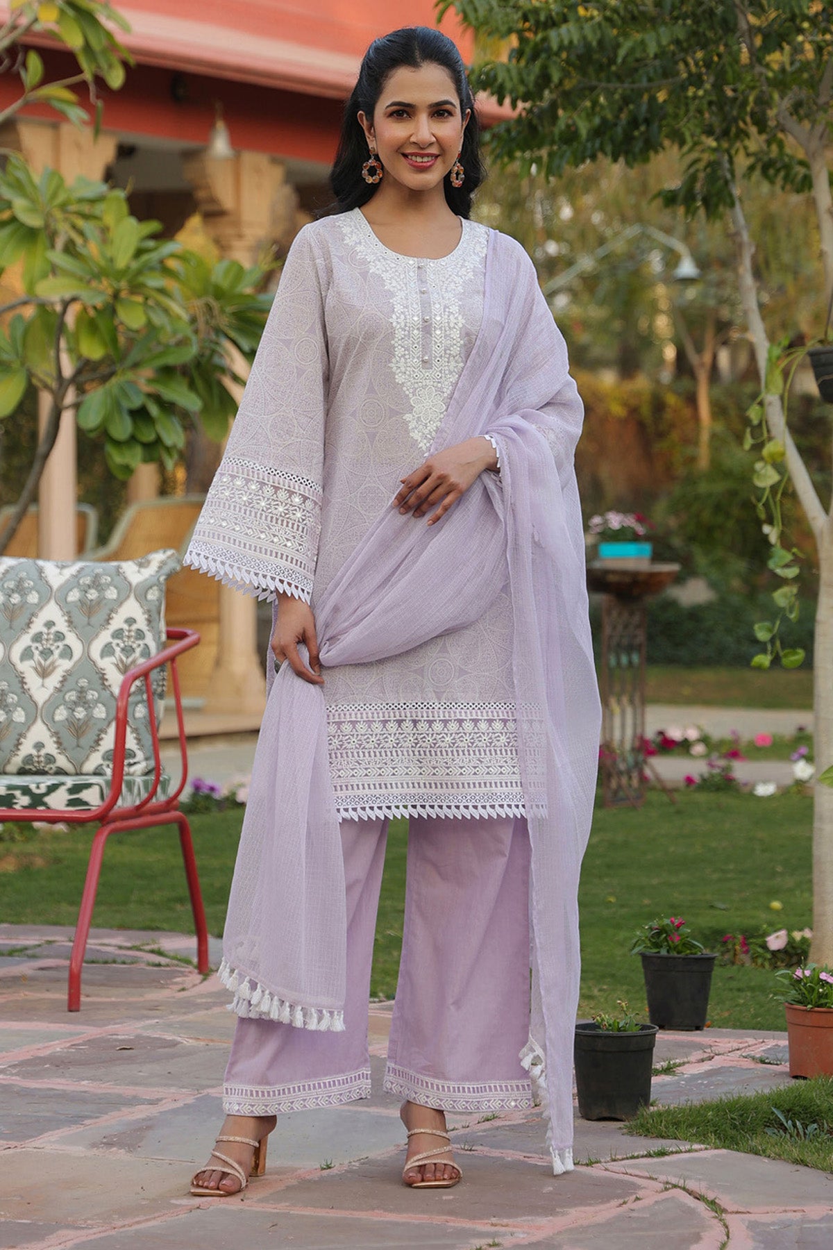Pink Cotton Embroidered Kurta Set With Dupatta