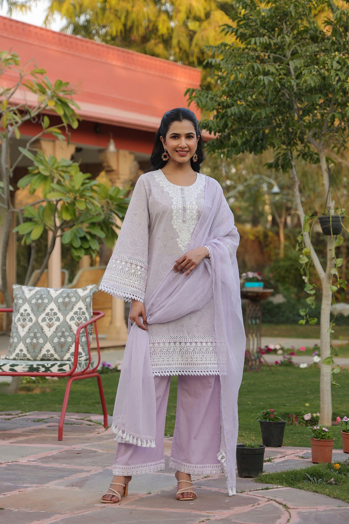 Pink Cotton Embroidered Kurta Set With Dupatta