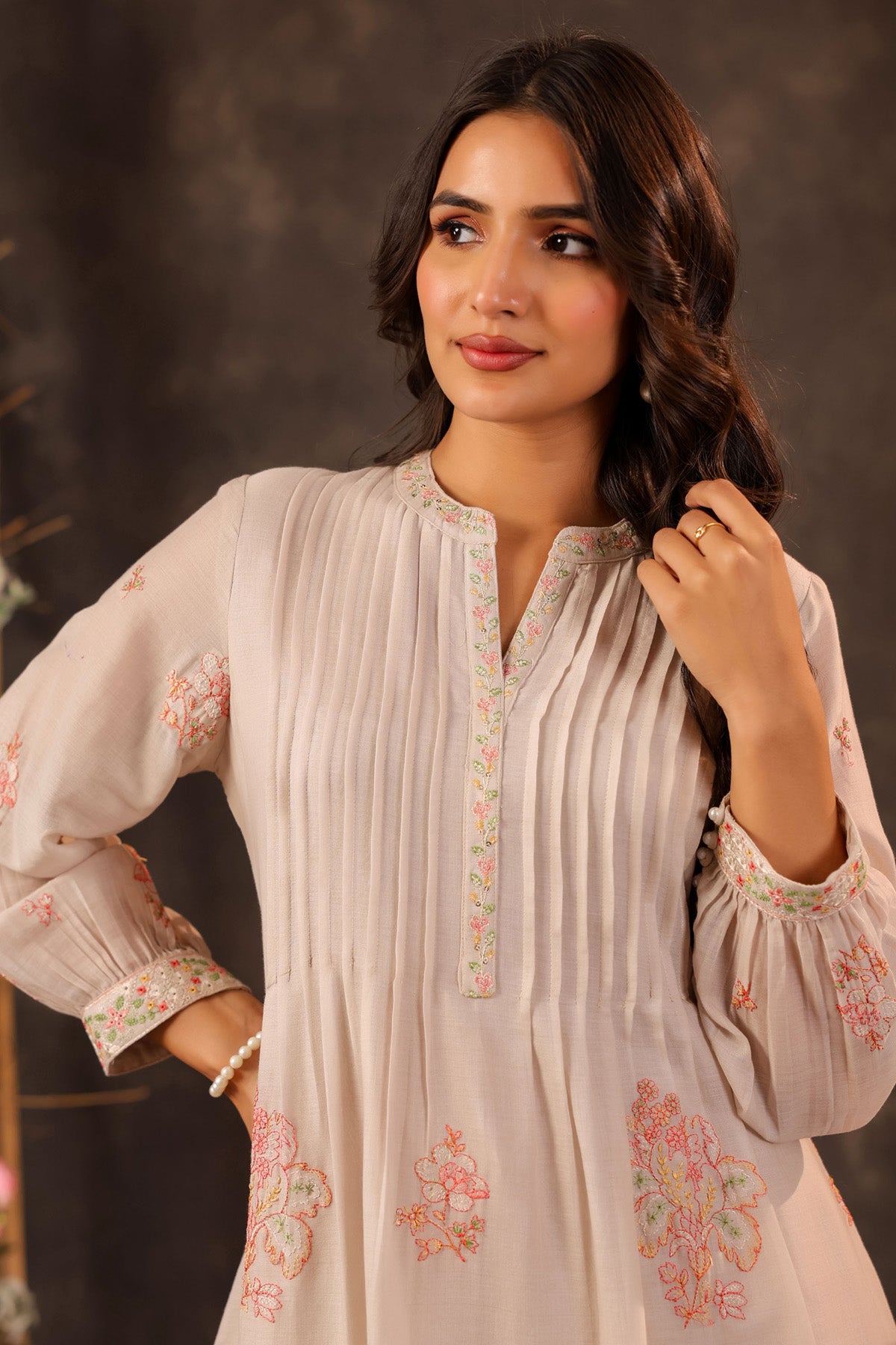 Beige Mul Mul Embroidered Cord Set