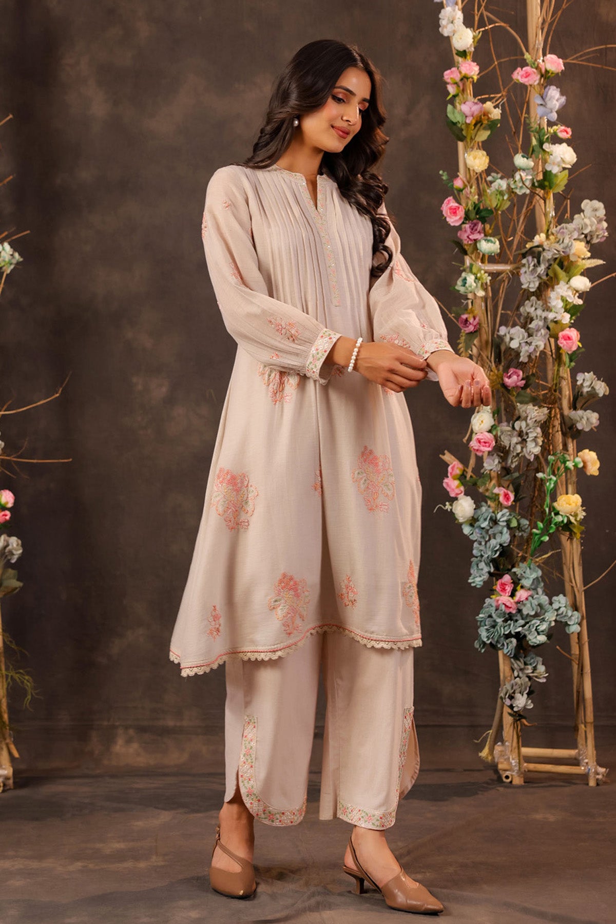 Beige Mul Mul Embroidered Cord Set