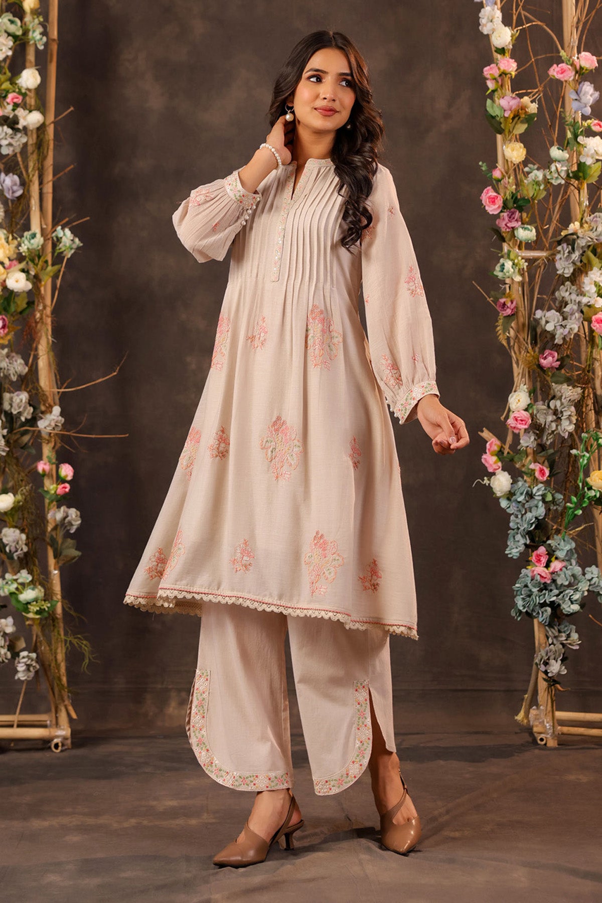Beige Mul Mul Embroidered Cord Set